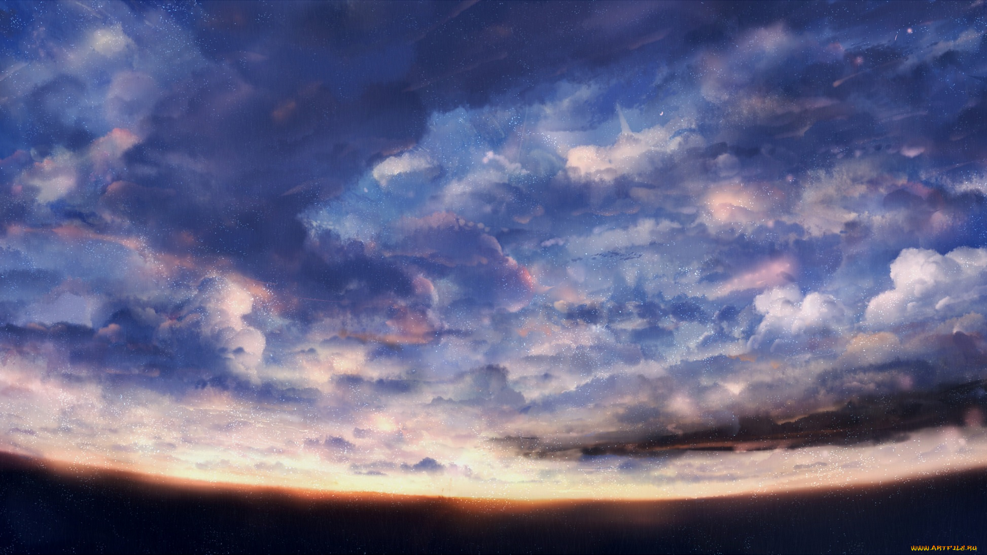 рисованное, природа, облака, небо, закат