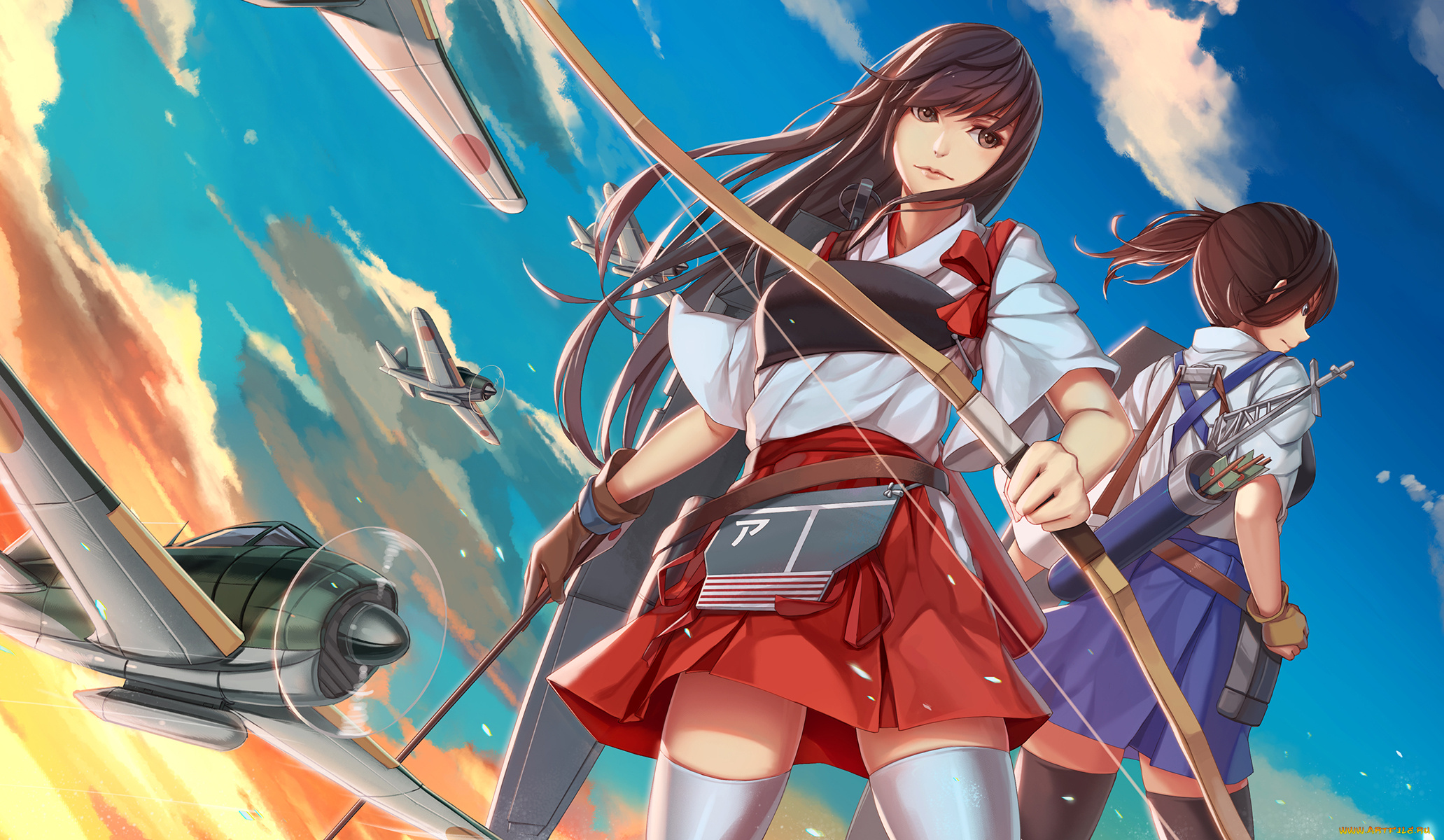 аниме, kantai, collection, nian, стрелы, лук, kaga, оружие, akagi, девушки, самолёты, kantai, collection, kancolle