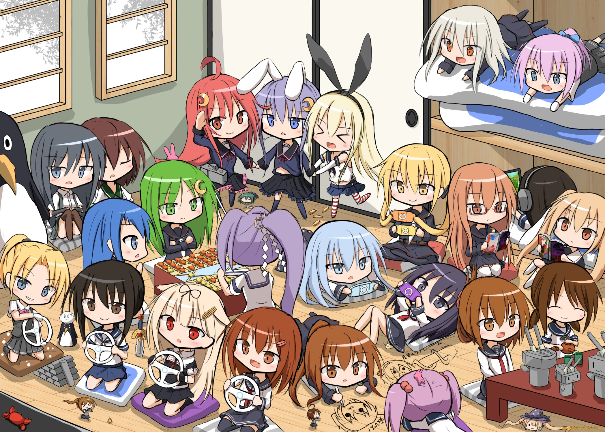 аниме, kantai, collection, персонажи, играют, комната, девочки, арт, kantai, collection