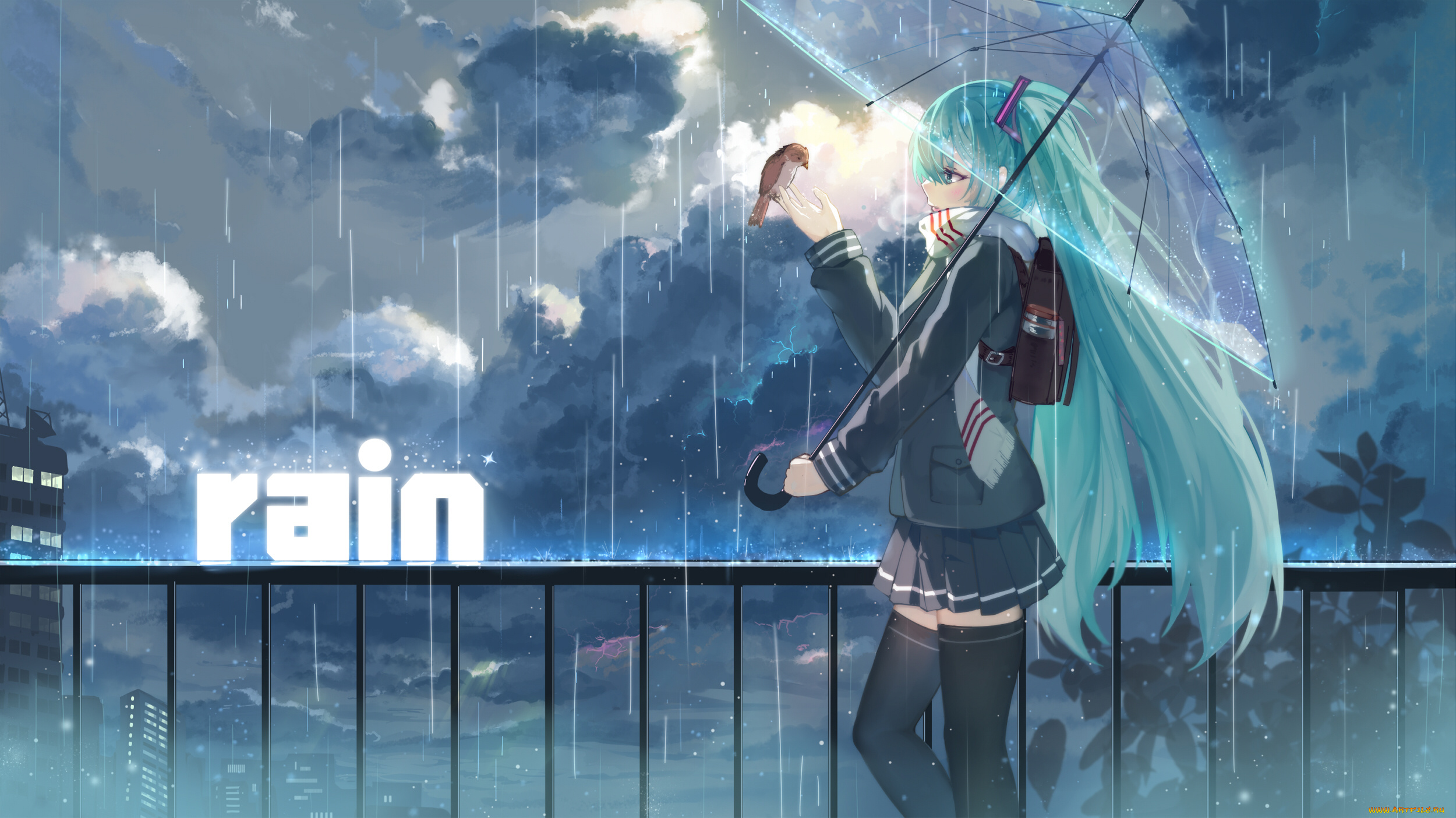 аниме, vocaloid, hatsune, miku, haraguroi, you, облака, небо, тучи, арт, девушка, дождь, зонт, птица