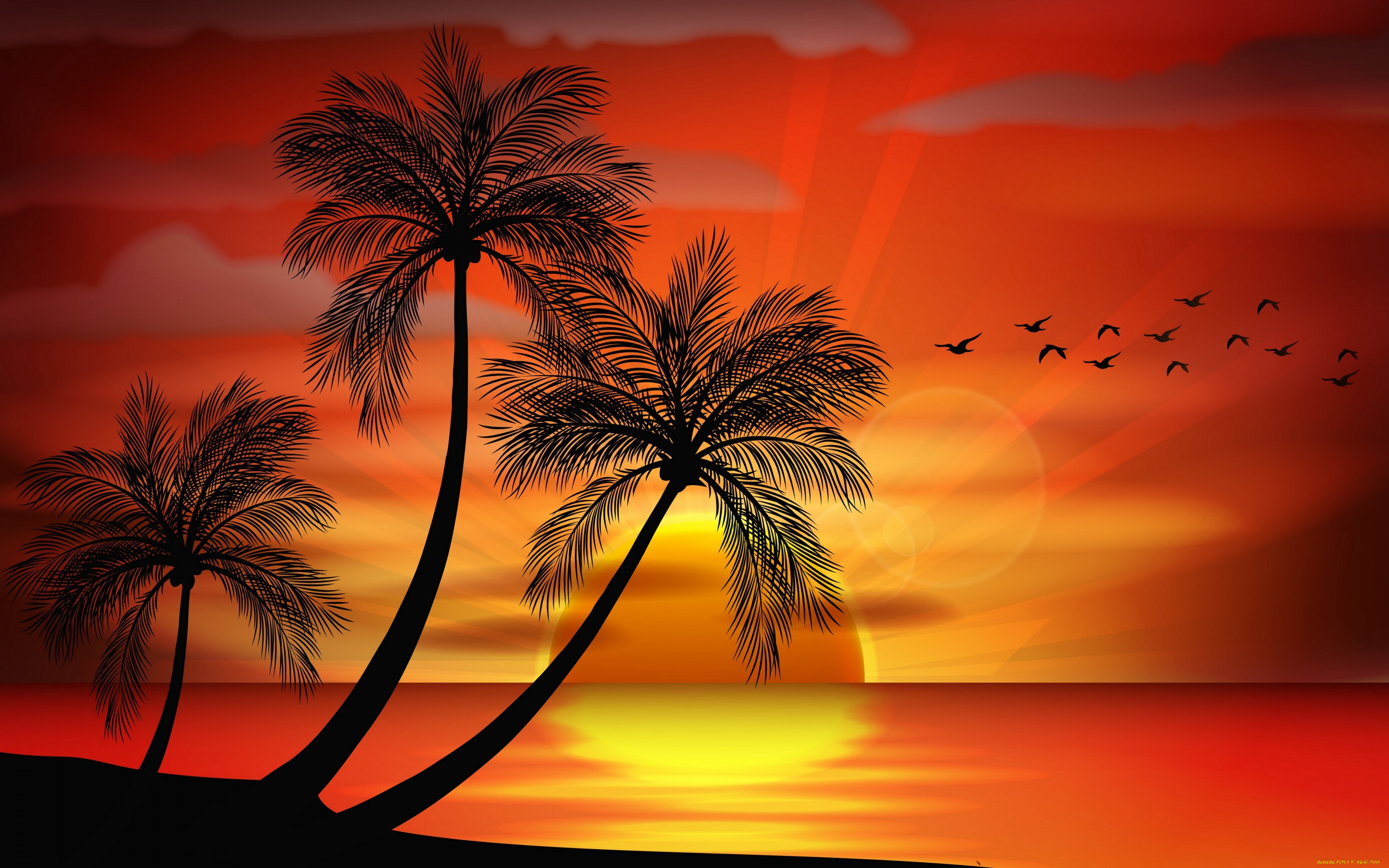 векторная, графика, природа, , nature, пальмы, закат, остров, море, palms, island, tropical, sea, paradise, sunset, тропики, силуэт