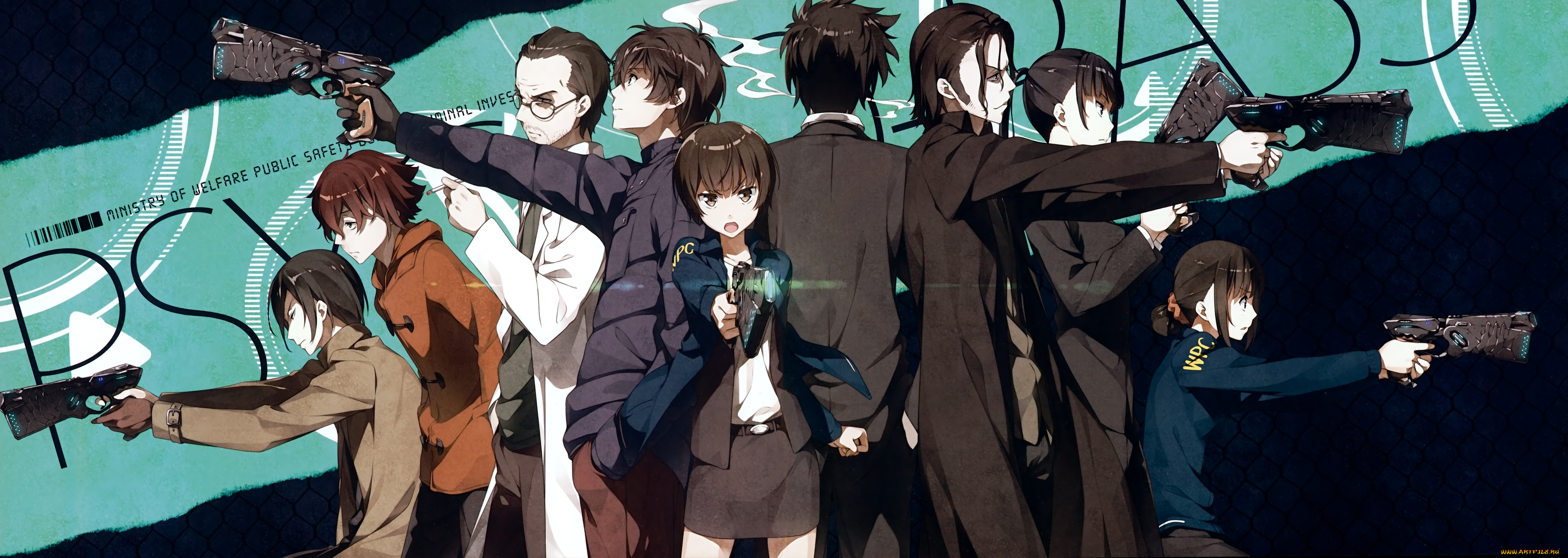 аниме, psycho-pass, kantoku, люди, арт, tsunemori, akane, kunizuka, yayoi, masaoka, tomomi, kougami, shinya, kagari, shuusei, пистолеты, ginoza, nobuchika, makishima, shougo