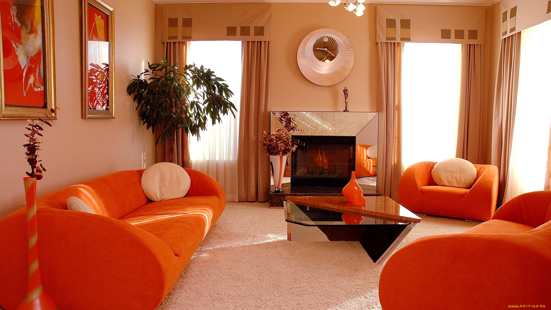 интерьер, гостиная, диван, кресла, вазон, камин