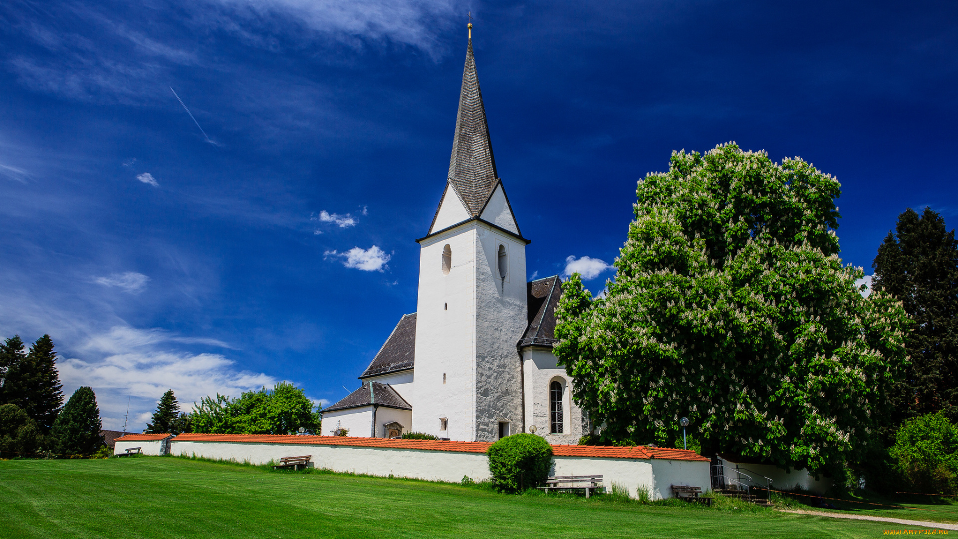 breitbrunn, am, chiemsee, bavaria, germany, города, католические, соборы, костелы, аббатства, луг, деревья, бавария, германия, церковь, костёл, каштан