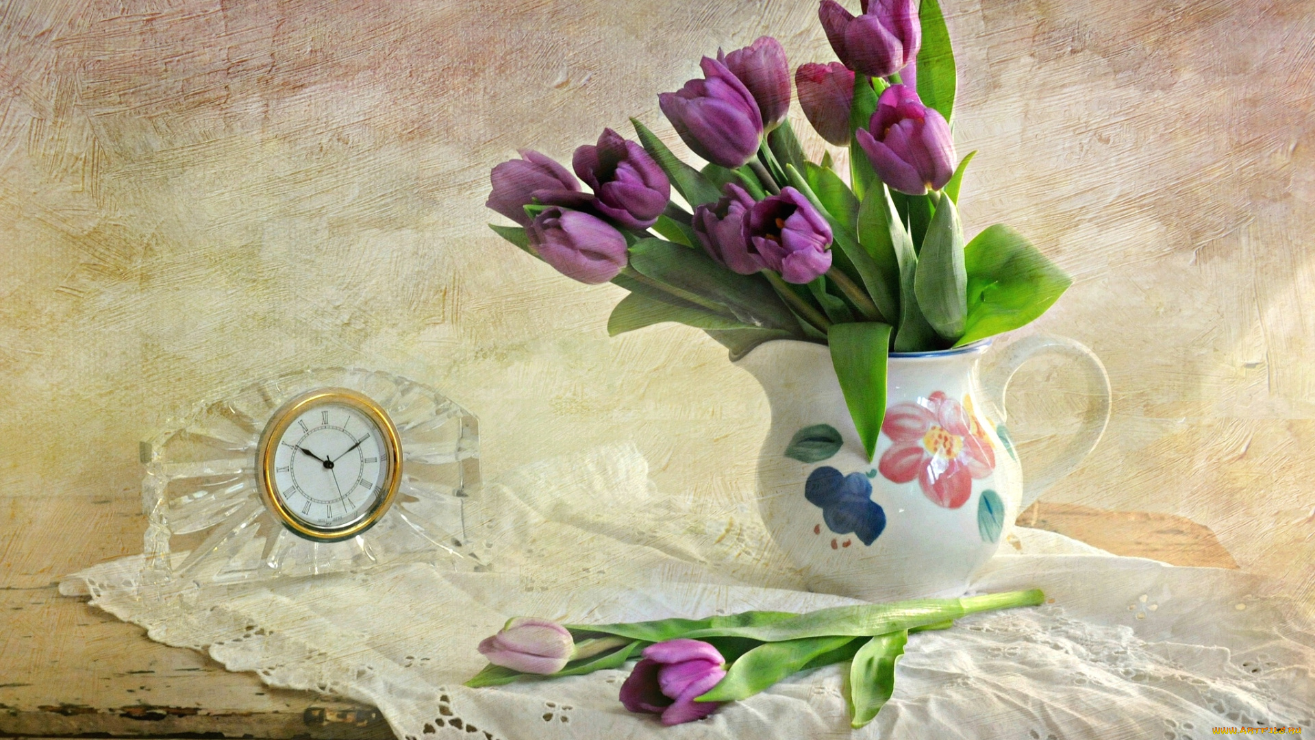 цветы, тюльпаны, часы, лиловый