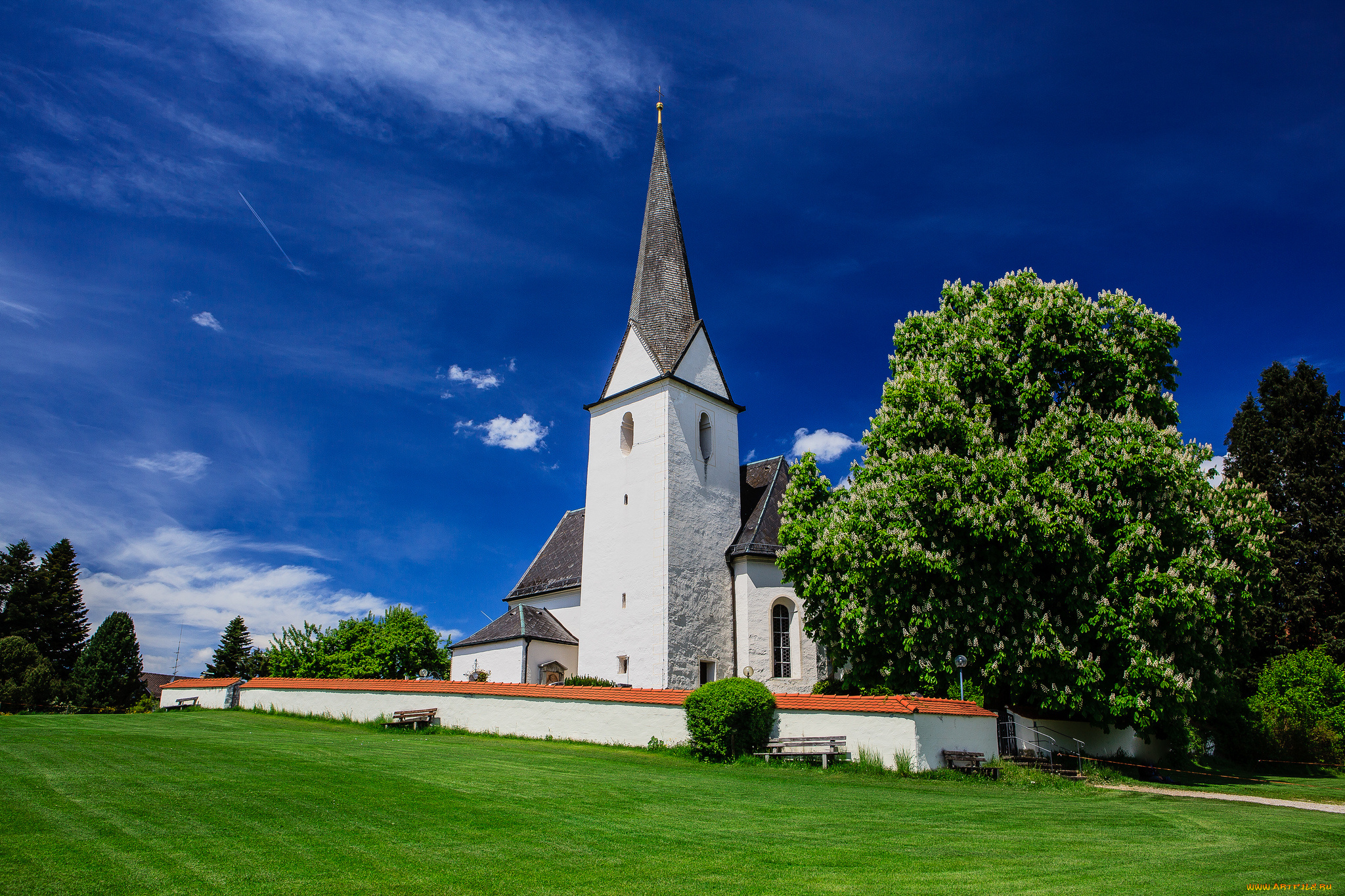 breitbrunn, am, chiemsee, bavaria, germany, города, католические, соборы, костелы, аббатства, луг, деревья, бавария, германия, церковь, костёл, каштан