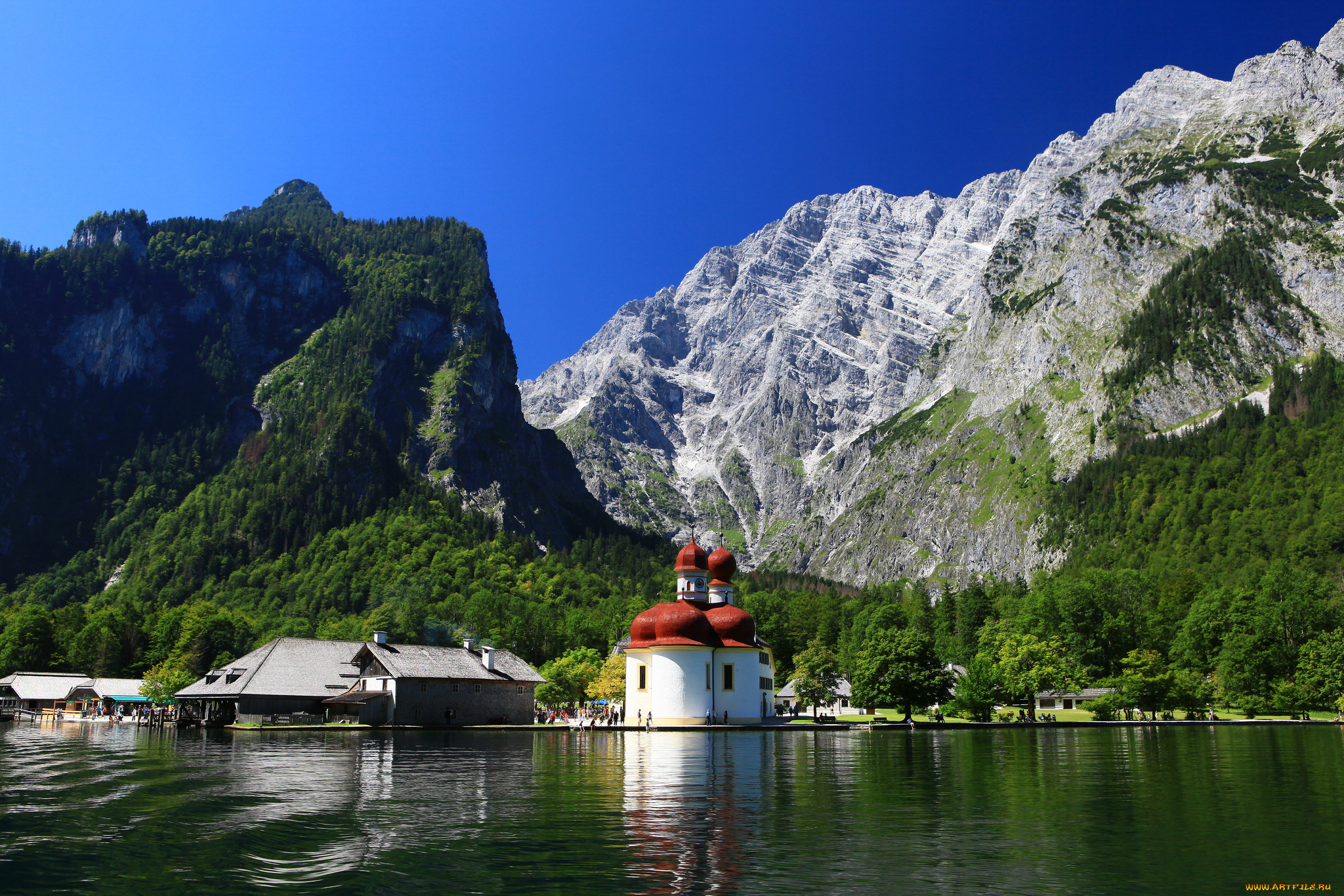 st, bartholomew, church, bavaria, germany, города, католические, соборы, костелы, аббатства, konigssee, lake, гора, вацманн, озеро, кёнигсзе, bavarian, alps, watzmann