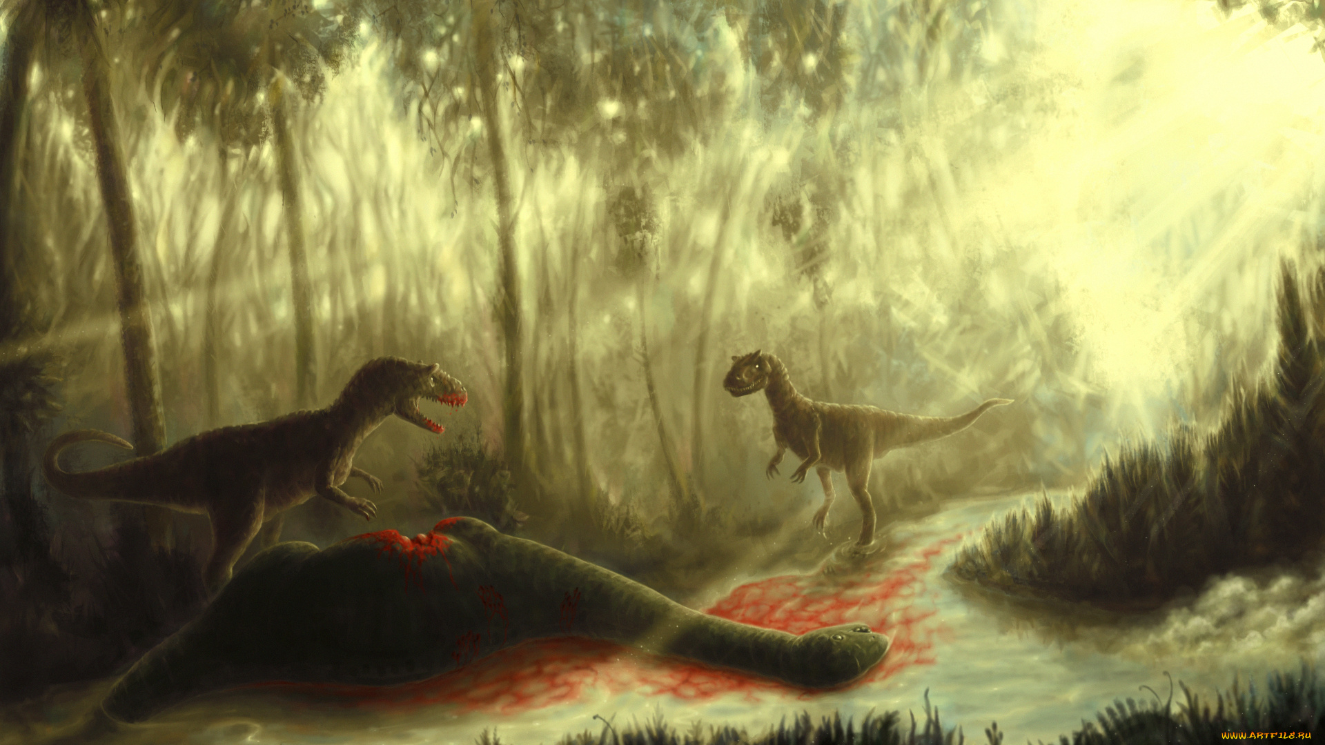 рисованное, животные, , доисторические, динозавры, лес