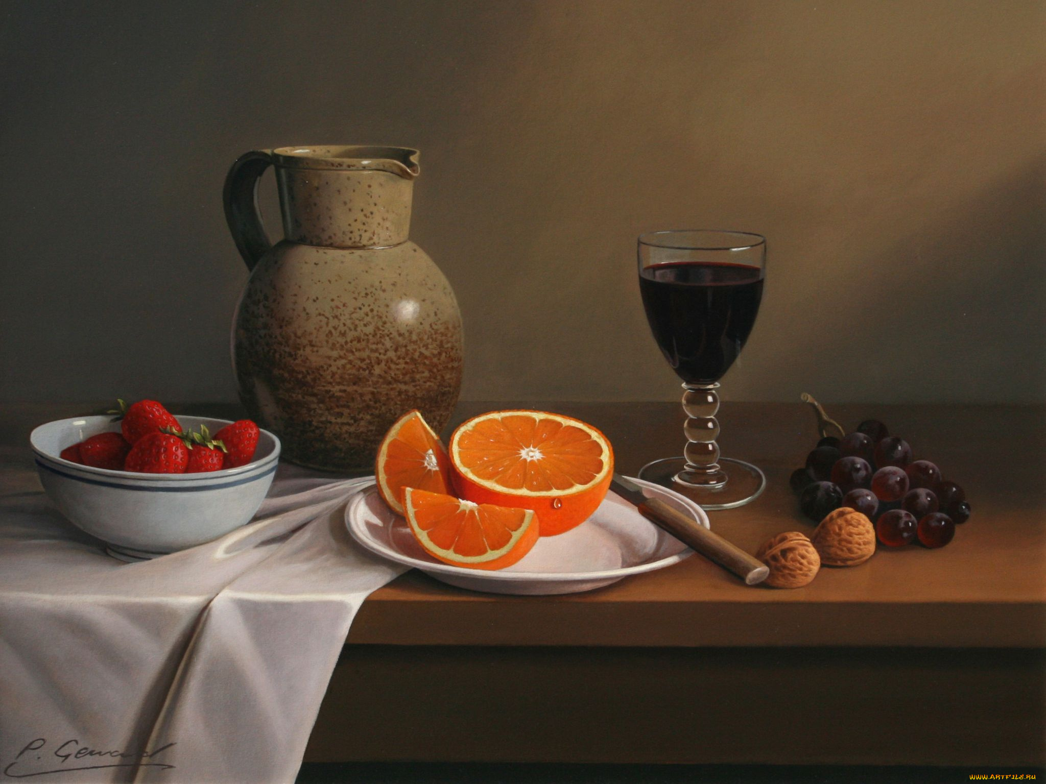 philip, gerrard, рисованные, бокал, орехи, виноград, кувшин, клубника, апельсин