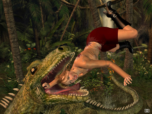 Картинка 3д+графика фантазия+ fantasy девушка динозавр лес