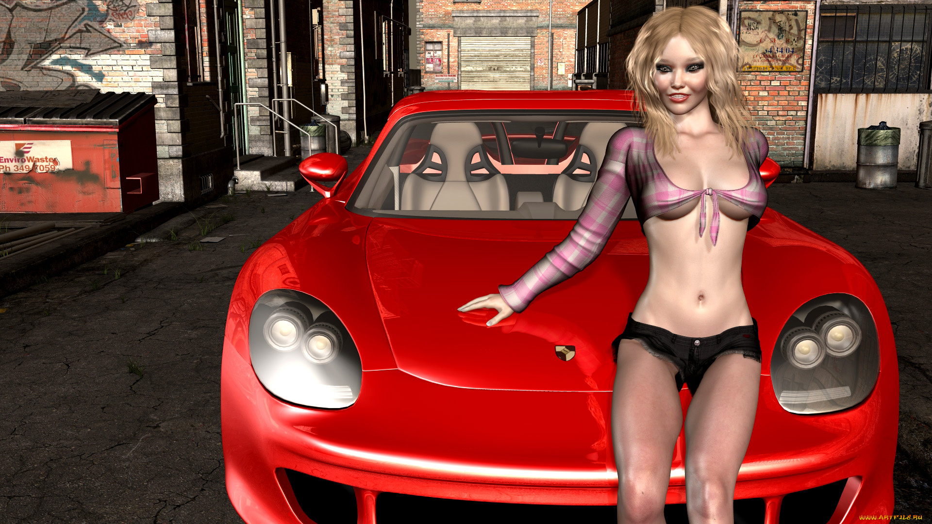 автомобили, 3d, car&girl, взгляд, девушка, фон, автомобиль