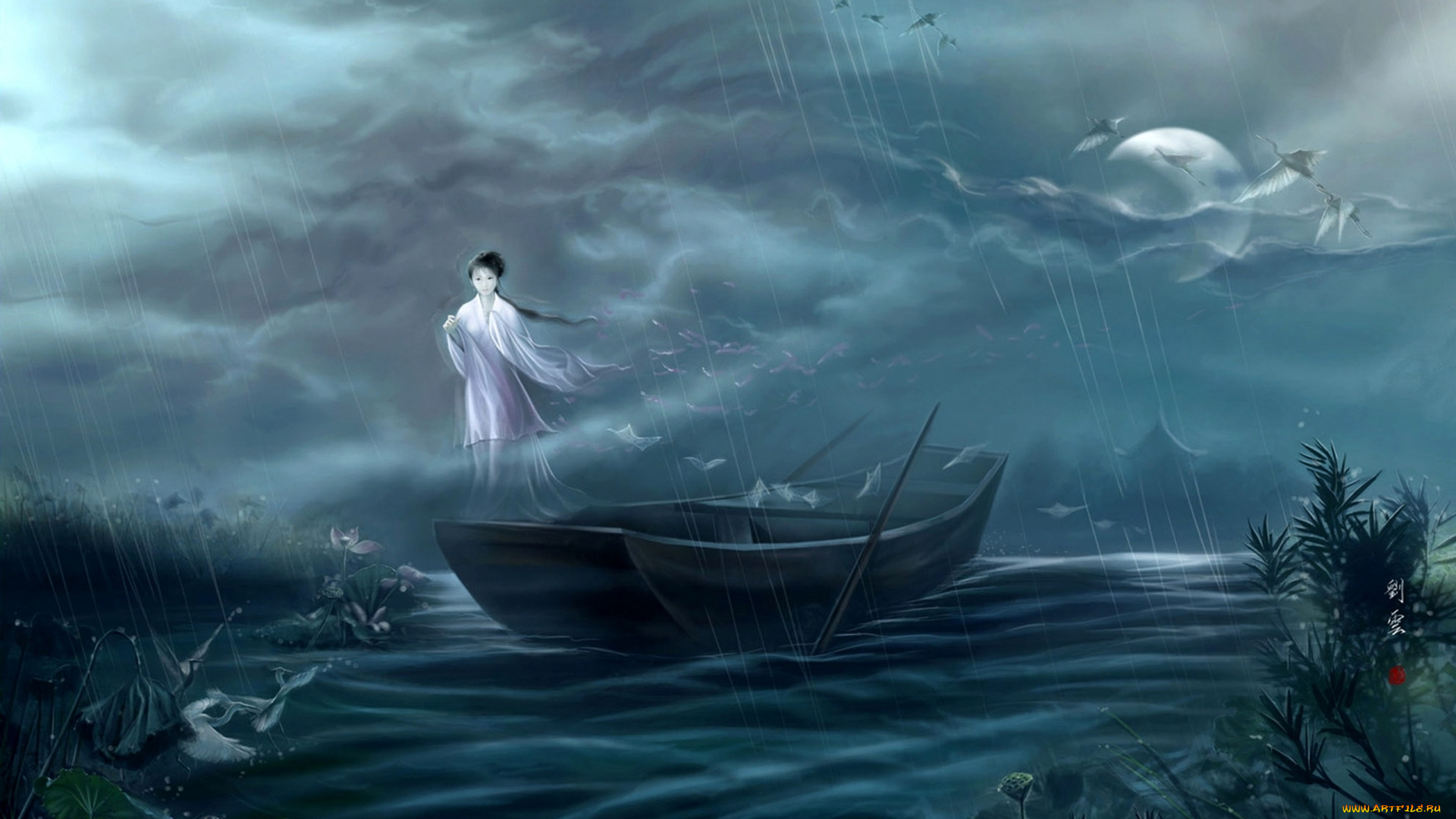 рисованное, живопись, туман, луна, ночь, дом, япония, лодка, журавли, река, дух, девушка, дождь