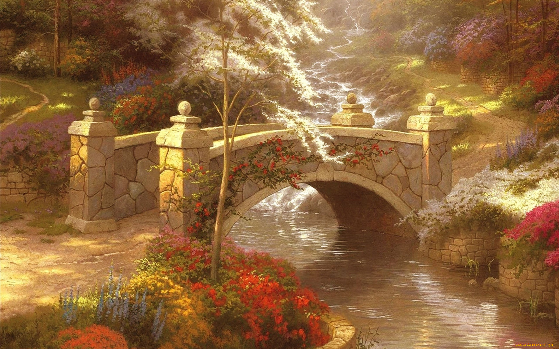 рисованное, живопись, ручей, тропа, деревья, река, мост