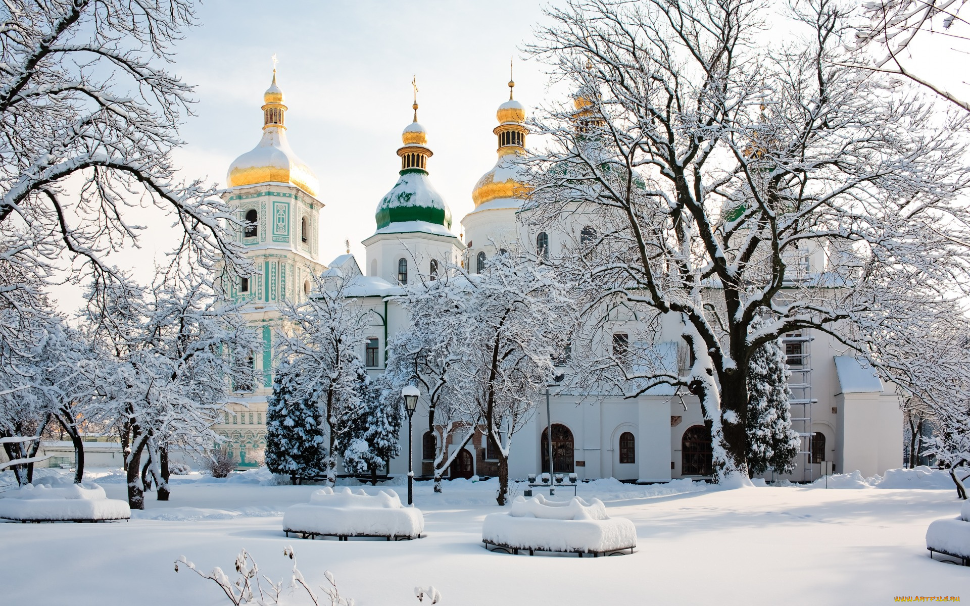 города, -, православные, церкви, , монастыри, снег, деревья, киев, украина, зима, софийский, собор
