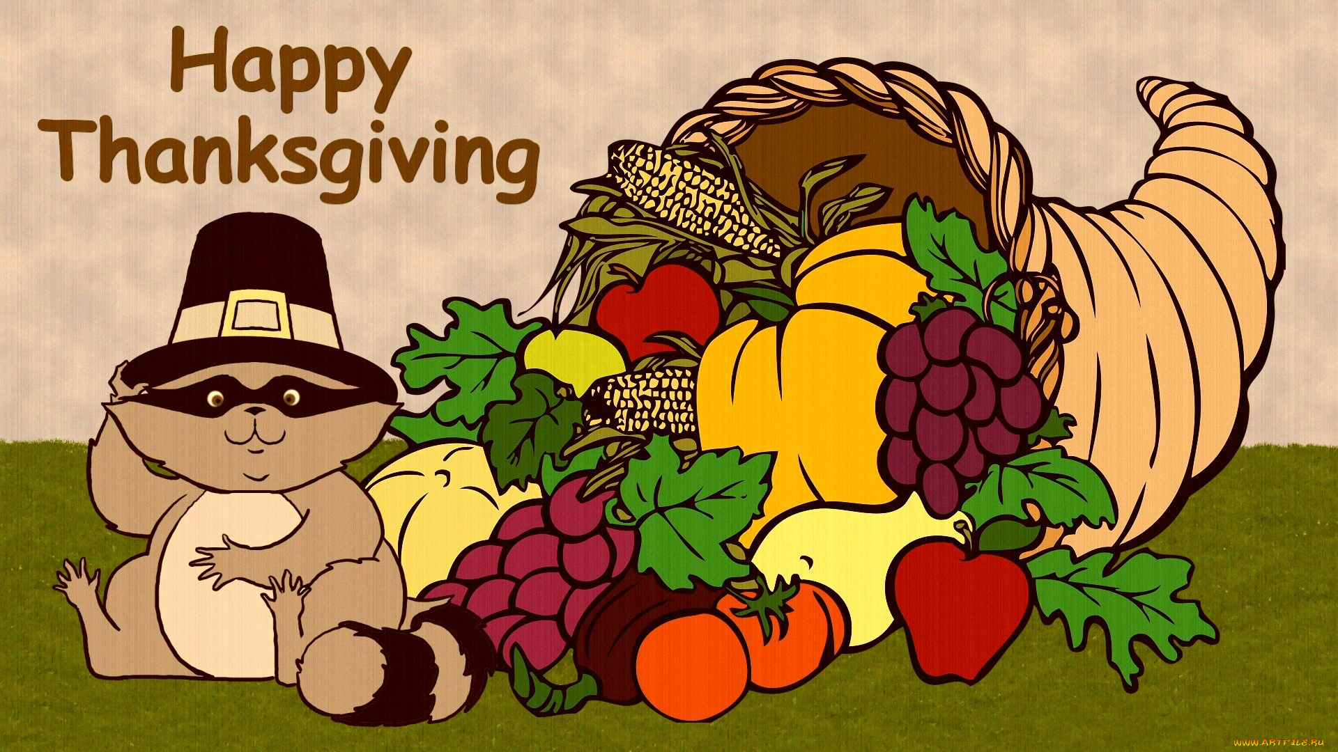 праздничные, день, благодарения, фрукты, шляпа, енот, овощи, рог, изобилия