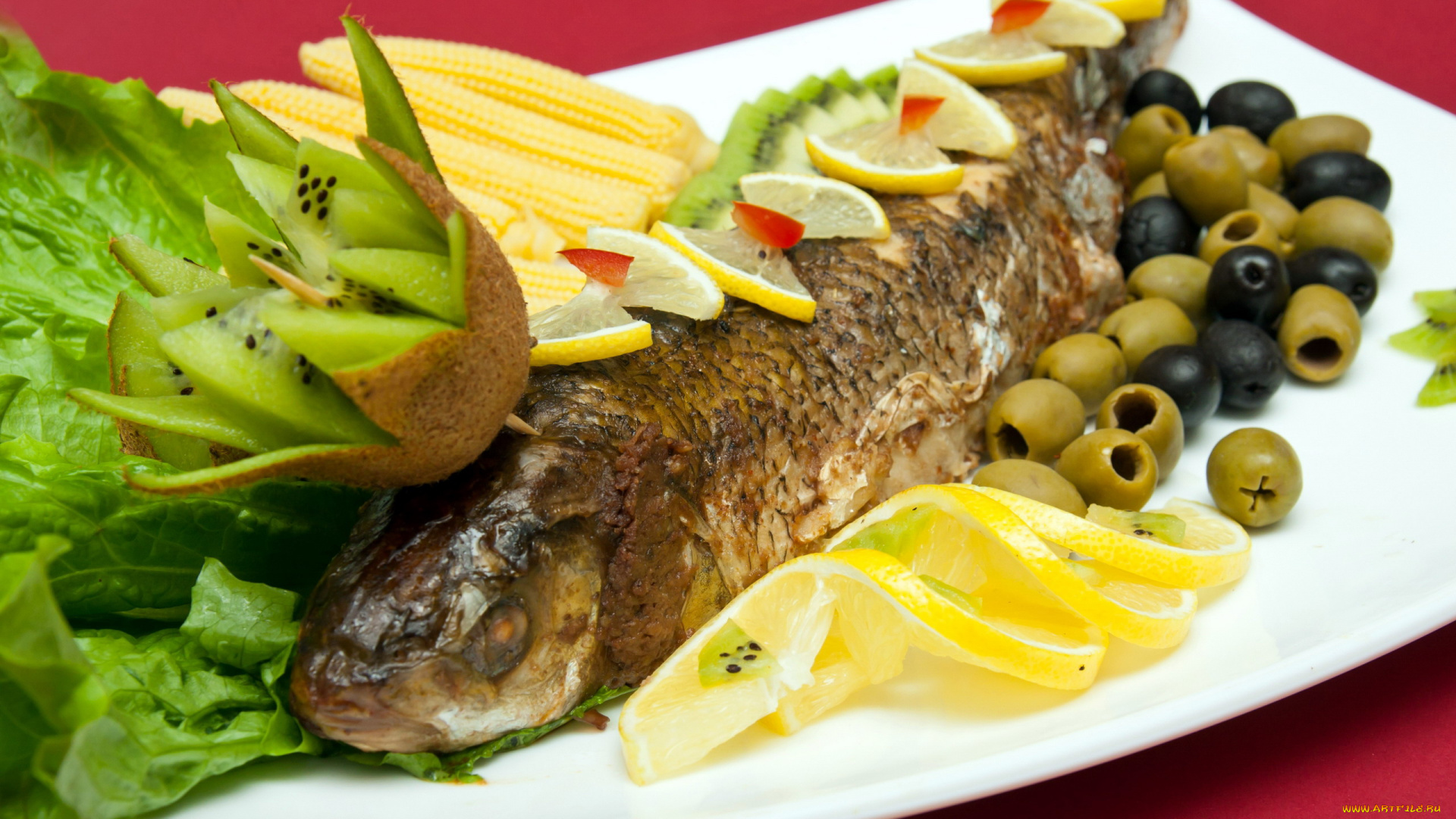 еда, рыбные, блюда, , с, морепродуктами, кукуруза, рыба, лимон, маслины, оливки, киви