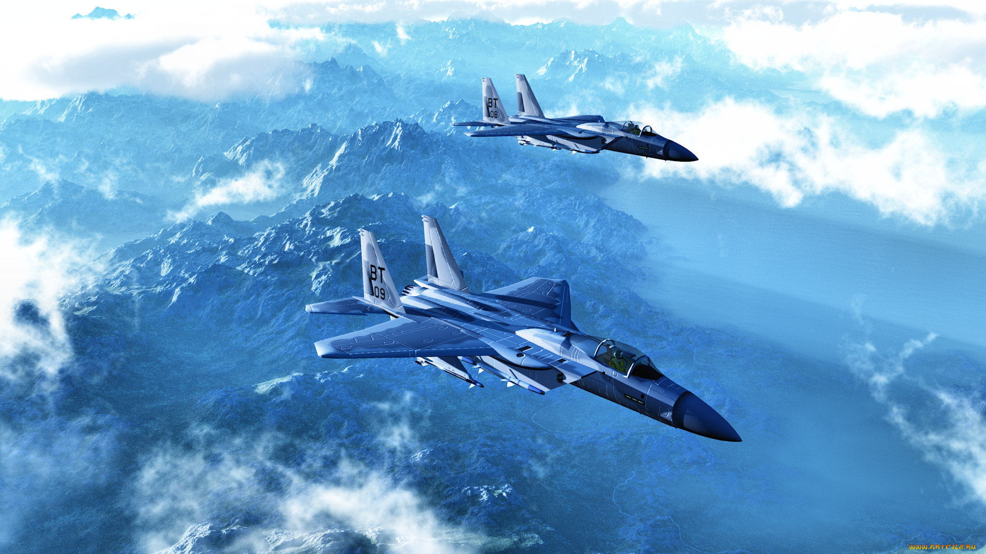 авиация, 3д, рисованые, graphic, горы, облака, f-15a, истребитили