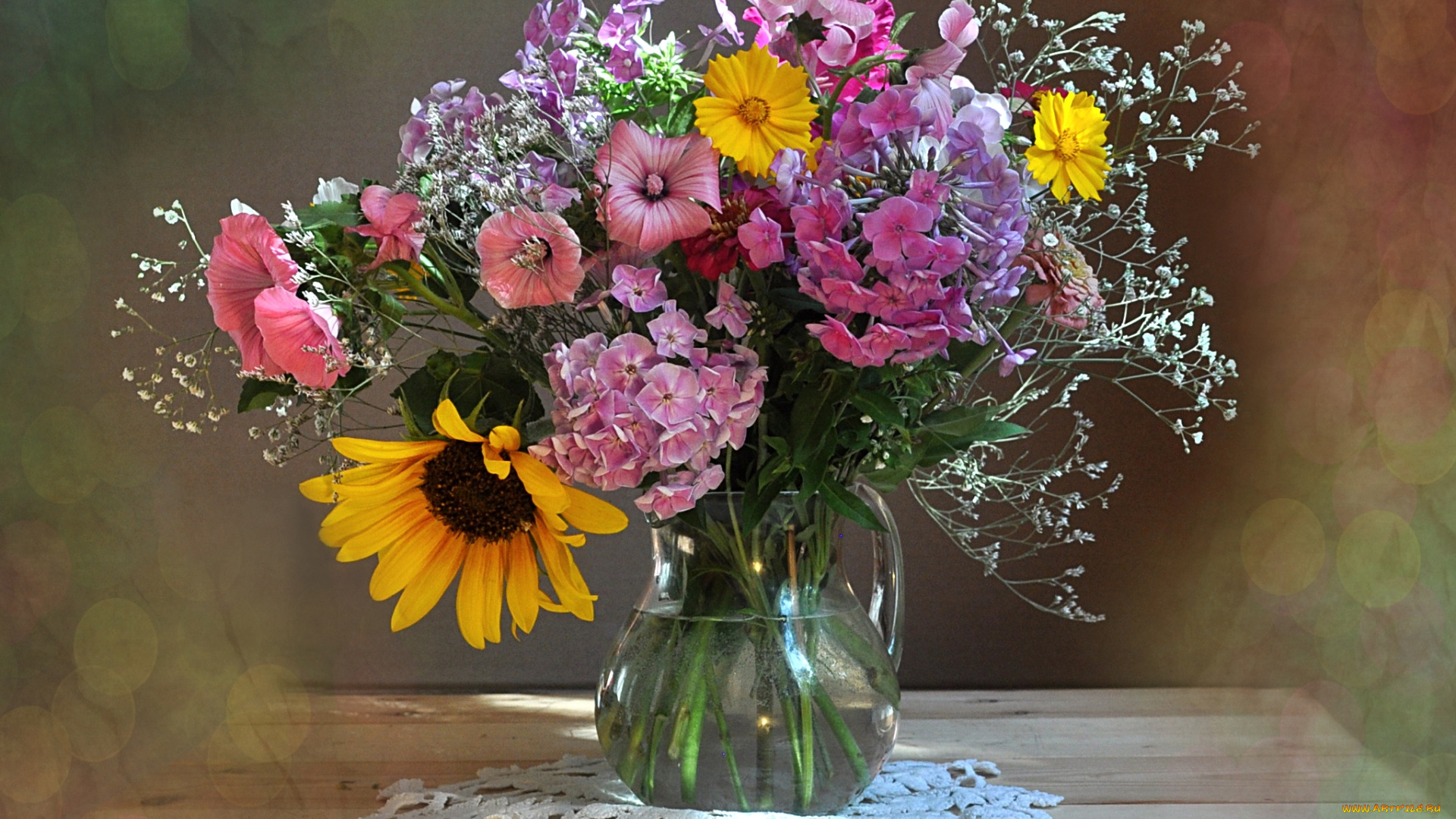 цветы, букеты, композиции, осень, флоксы, подсолнух, лаватера