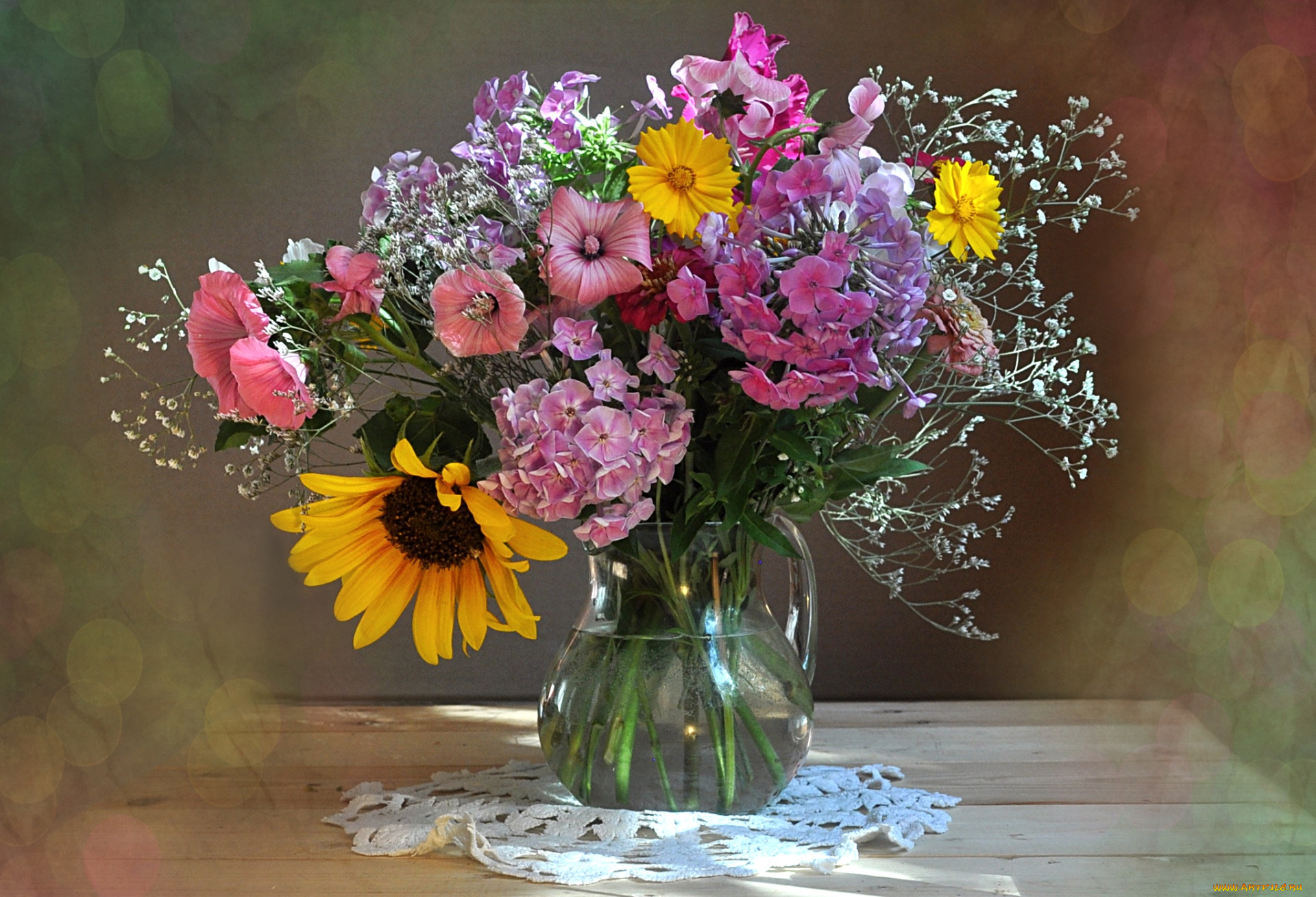 цветы, букеты, композиции, осень, флоксы, подсолнух, лаватера