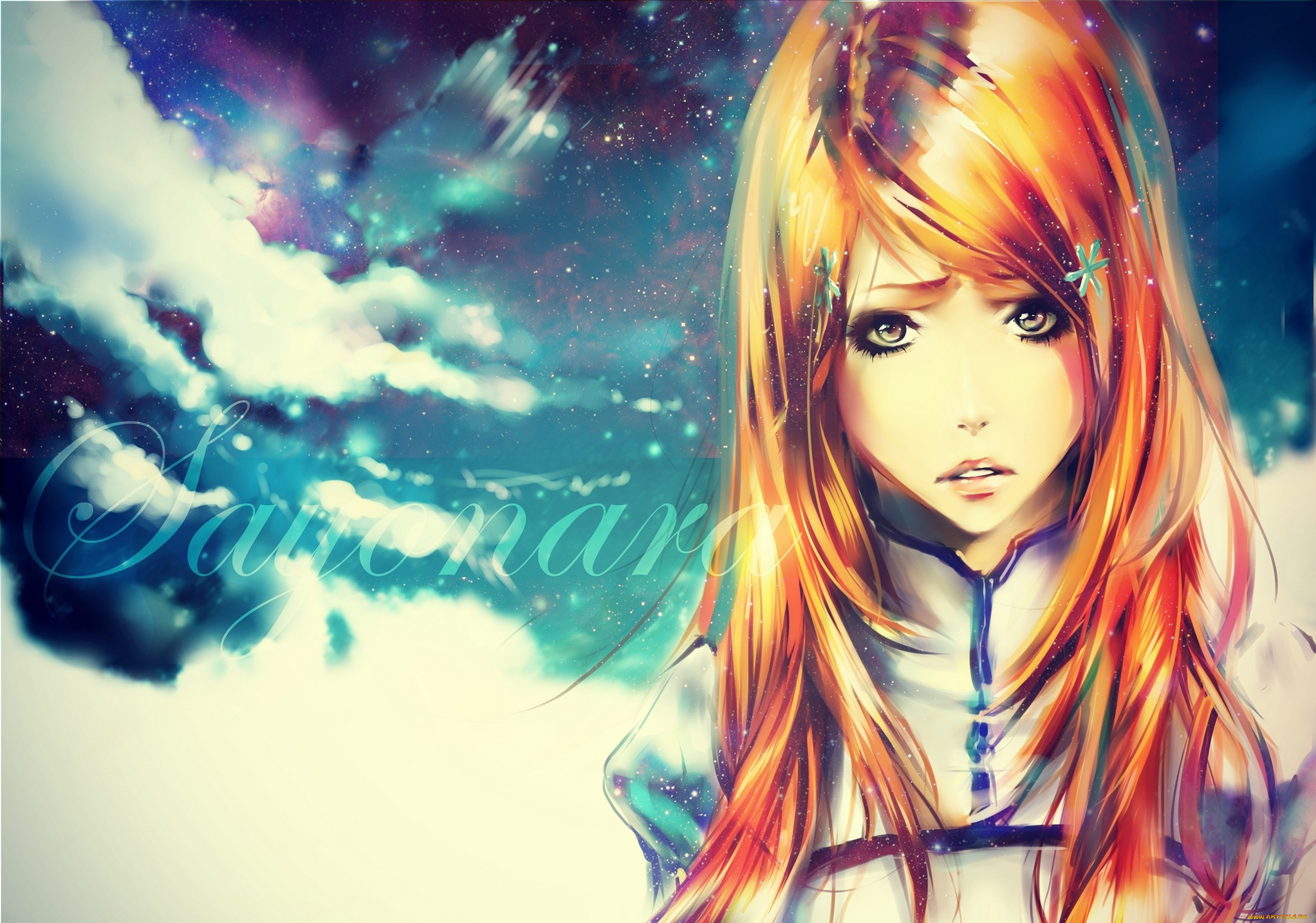 аниме, bleach, небо, девушка, helenes, арт, звезды, inoue, orihime, облака