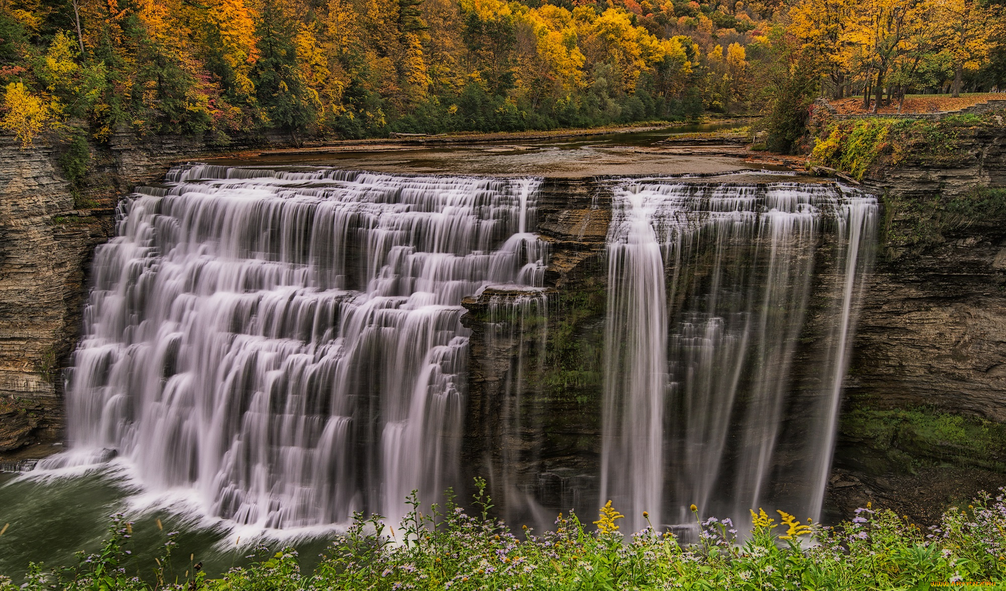 природа, водопады, водопад, река, лес