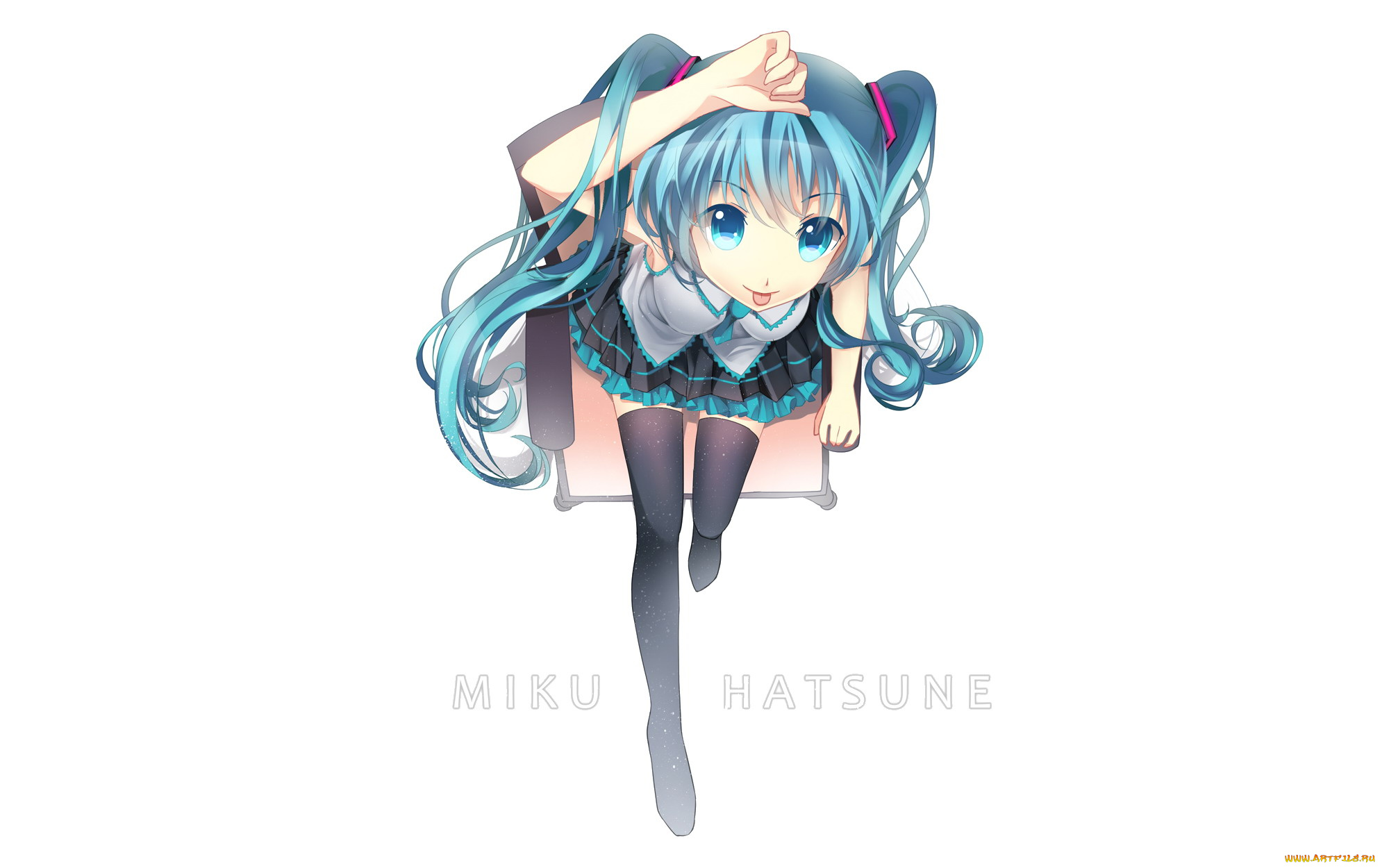 аниме, vocaloid, miku, hatsune, девушка, волосы, стул, чулки