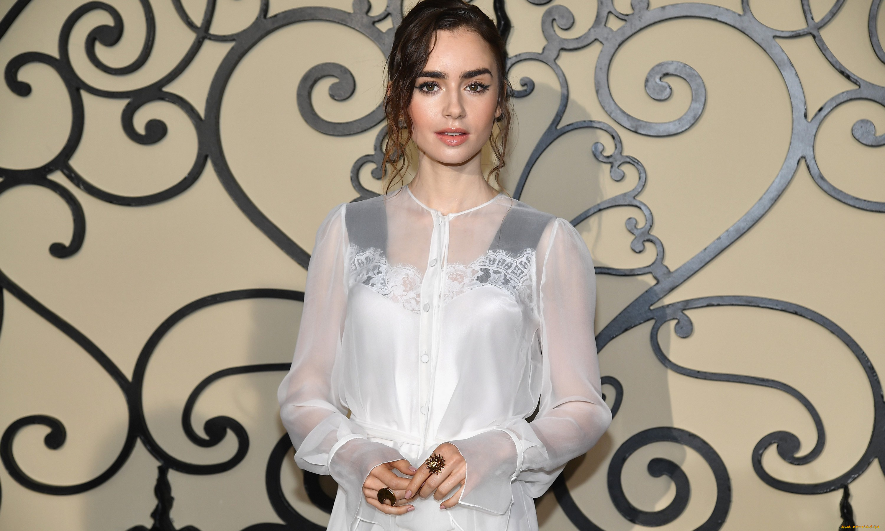 девушки, lily, collins, платье, шатенка, актриса