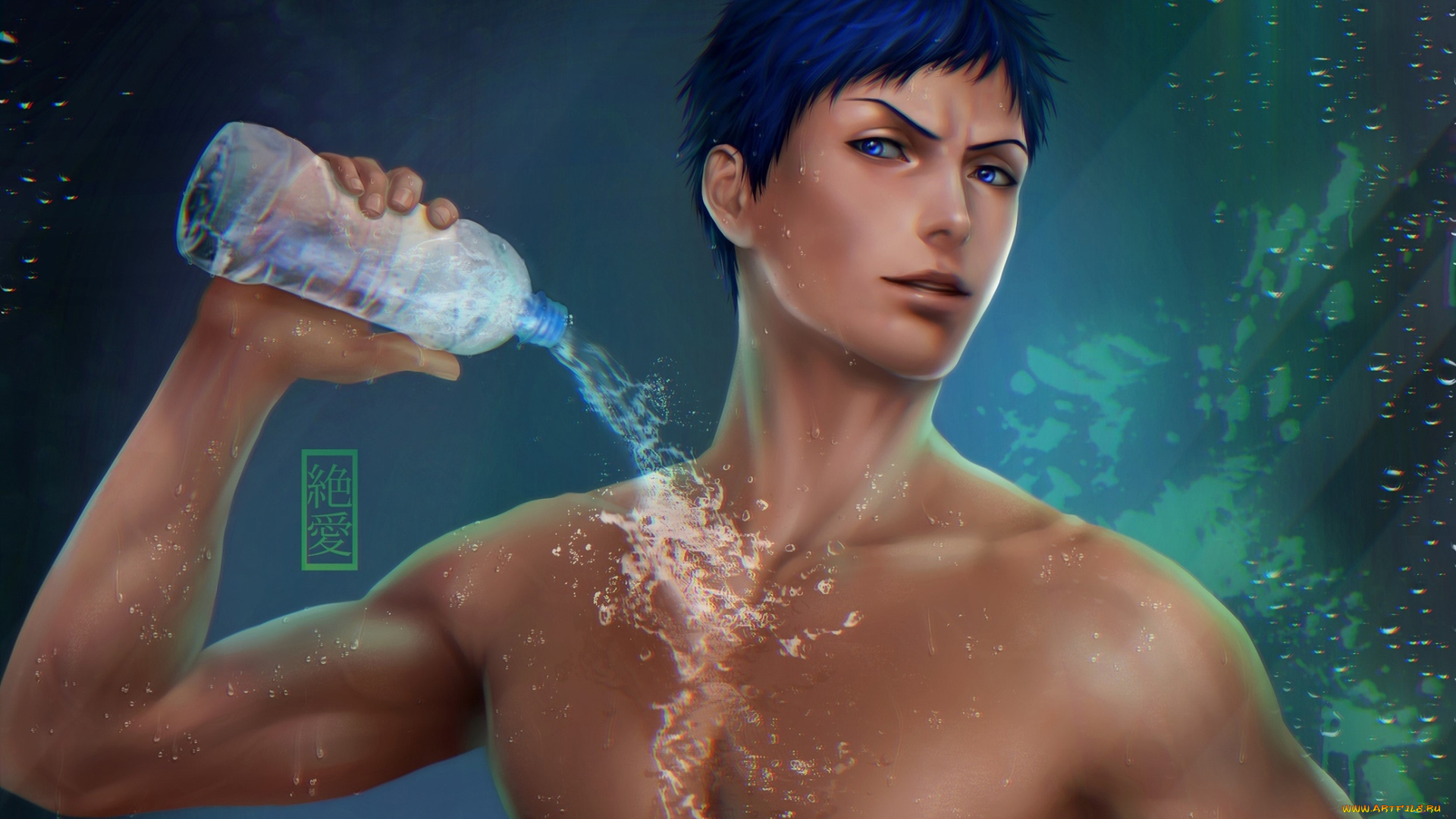 рисованные, люди, бутылка, взгляд, торс, вода, aomine, daiki, парень, zetsuai89