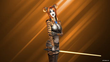Картинка 3д+графика существа+ creatures девушка огненый меч фон тигр взгляд