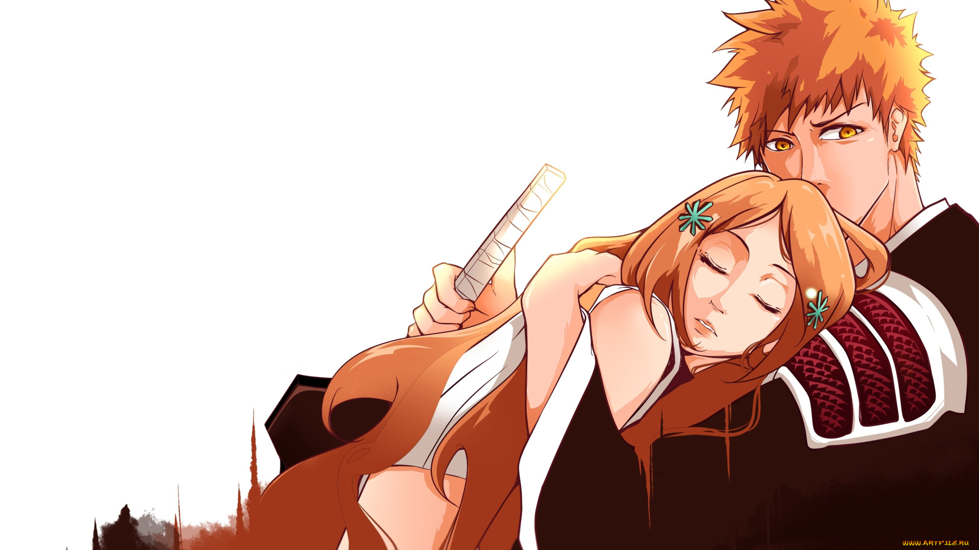 аниме, bleach, орихиме, ичиго, куросаки, меч, блич, orihime, inoe, kurosaki, ichigo