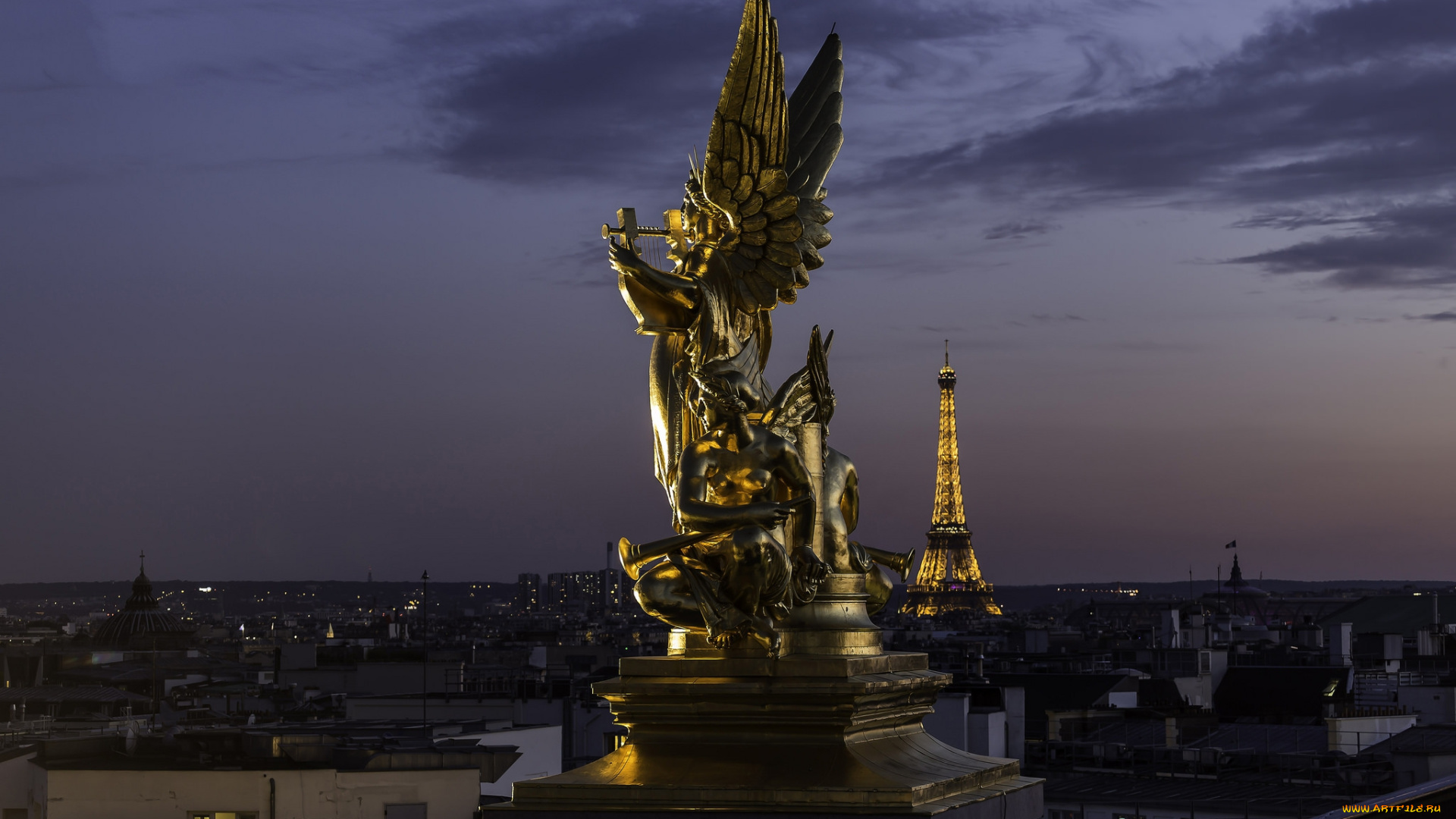 города, париж, , франция, ночь, статуя, панорама, башня