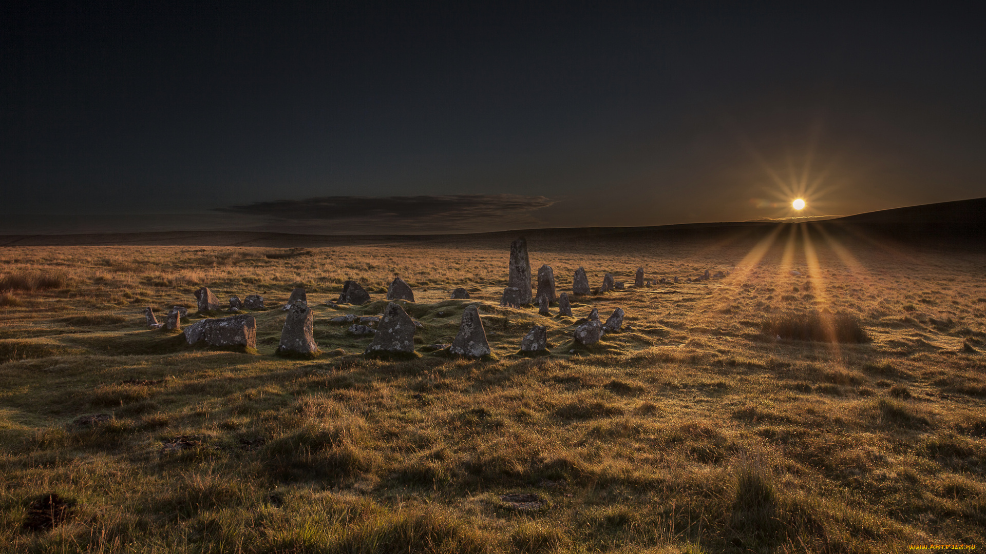 природа, восходы, закаты, stone, circle, dartmoor, national, park, sunrise