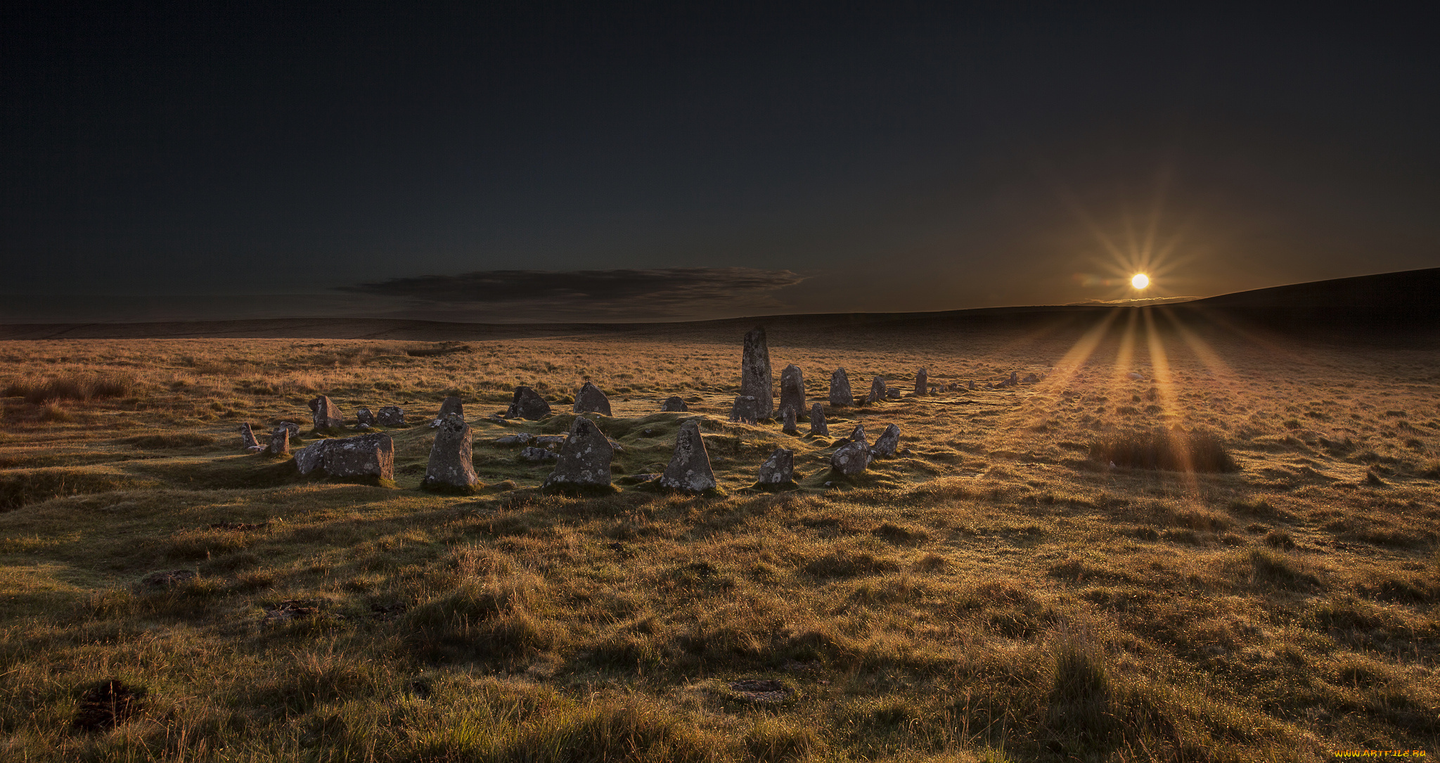 природа, восходы, закаты, stone, circle, dartmoor, national, park, sunrise