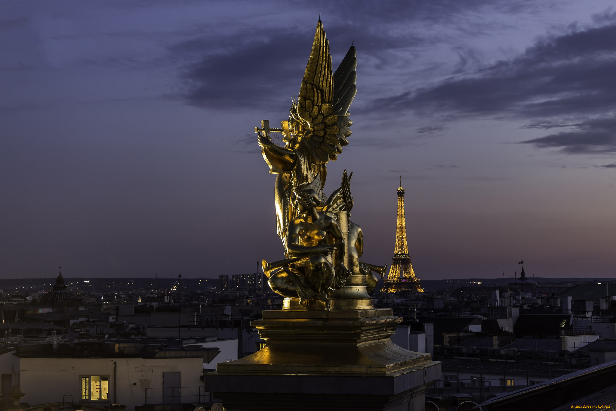 города, париж, , франция, ночь, статуя, панорама, башня