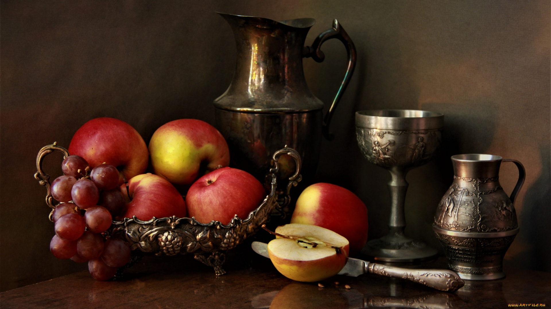 еда, натюрморт, посуда, виноград, яблоки