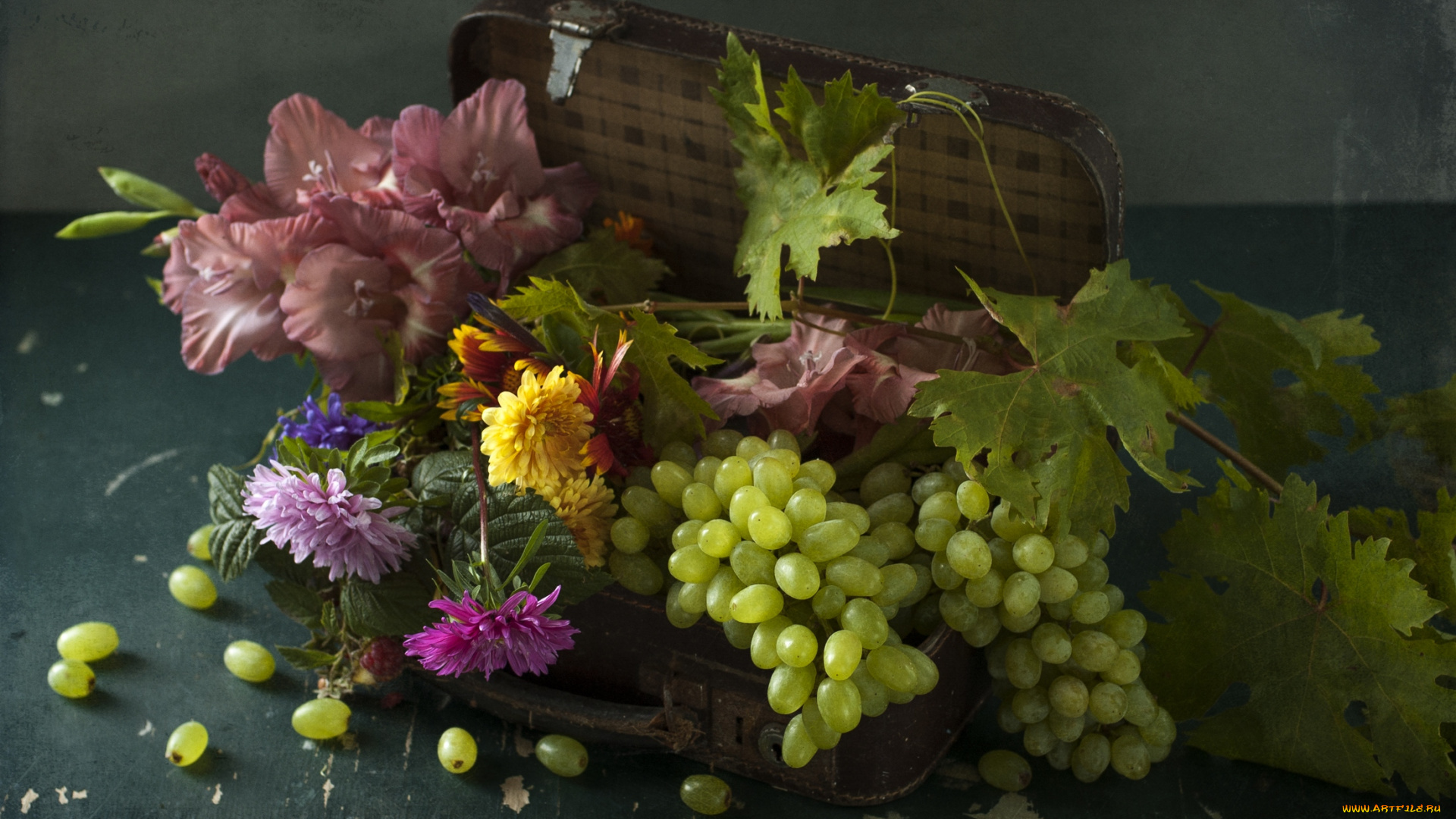 еда, виноград, одуванчики, цветы, гладиолусы, ягоды, чемодан