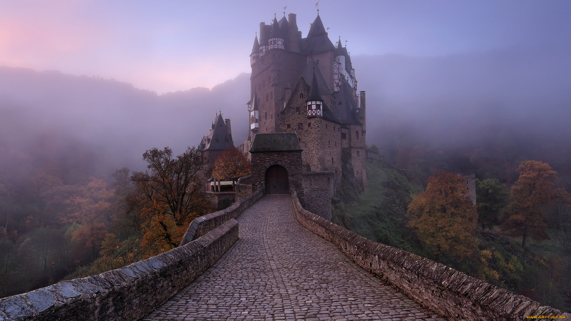 города, замки, германии, осень, замок, эльц, дымка, туман, германия