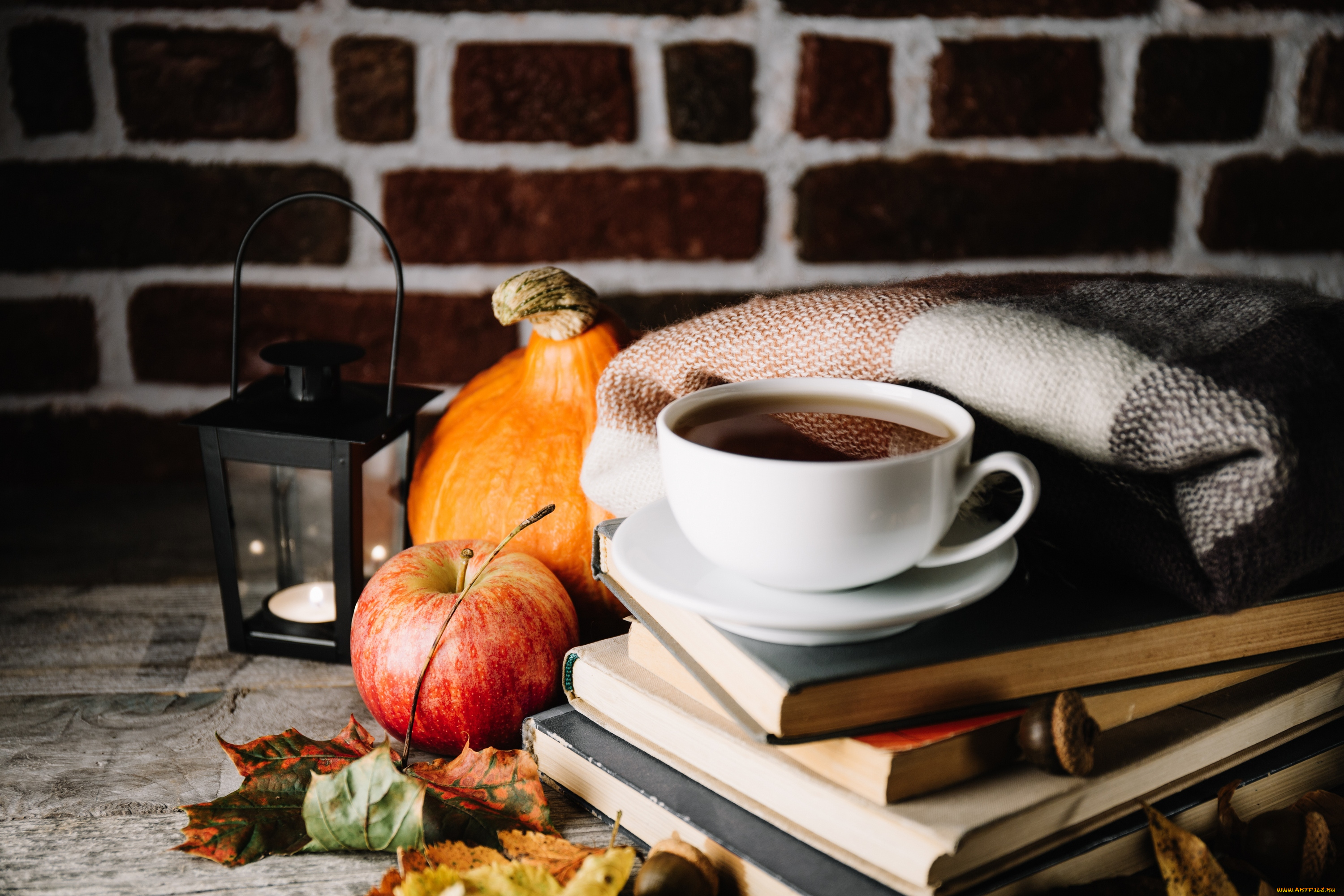 еда, напитки, , Чай, осень, листья, яблоко, тыква, книги, чай, напиток