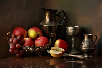 Картинка еда натюрморт посуда виноград яблоки