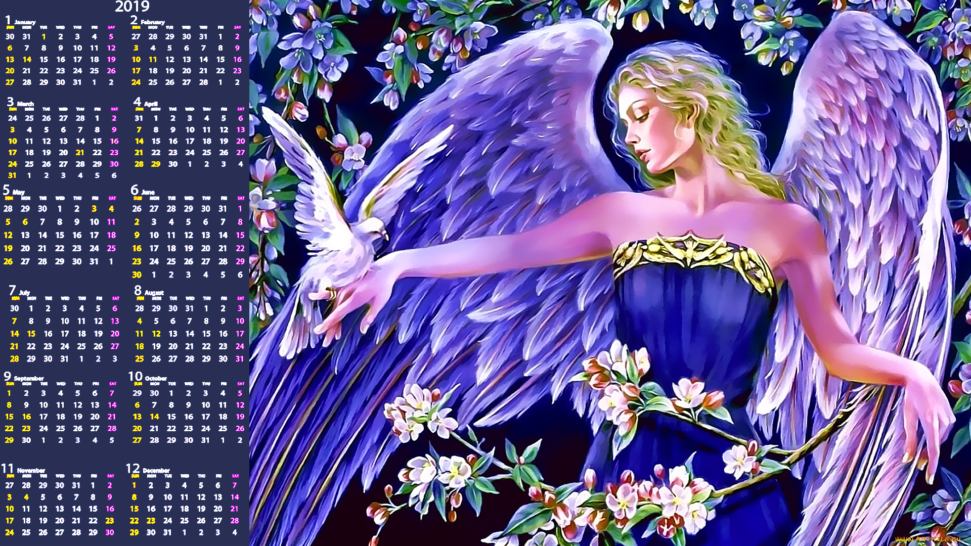 календари, фэнтези, девушка, крылья, птица, голубь, цветы