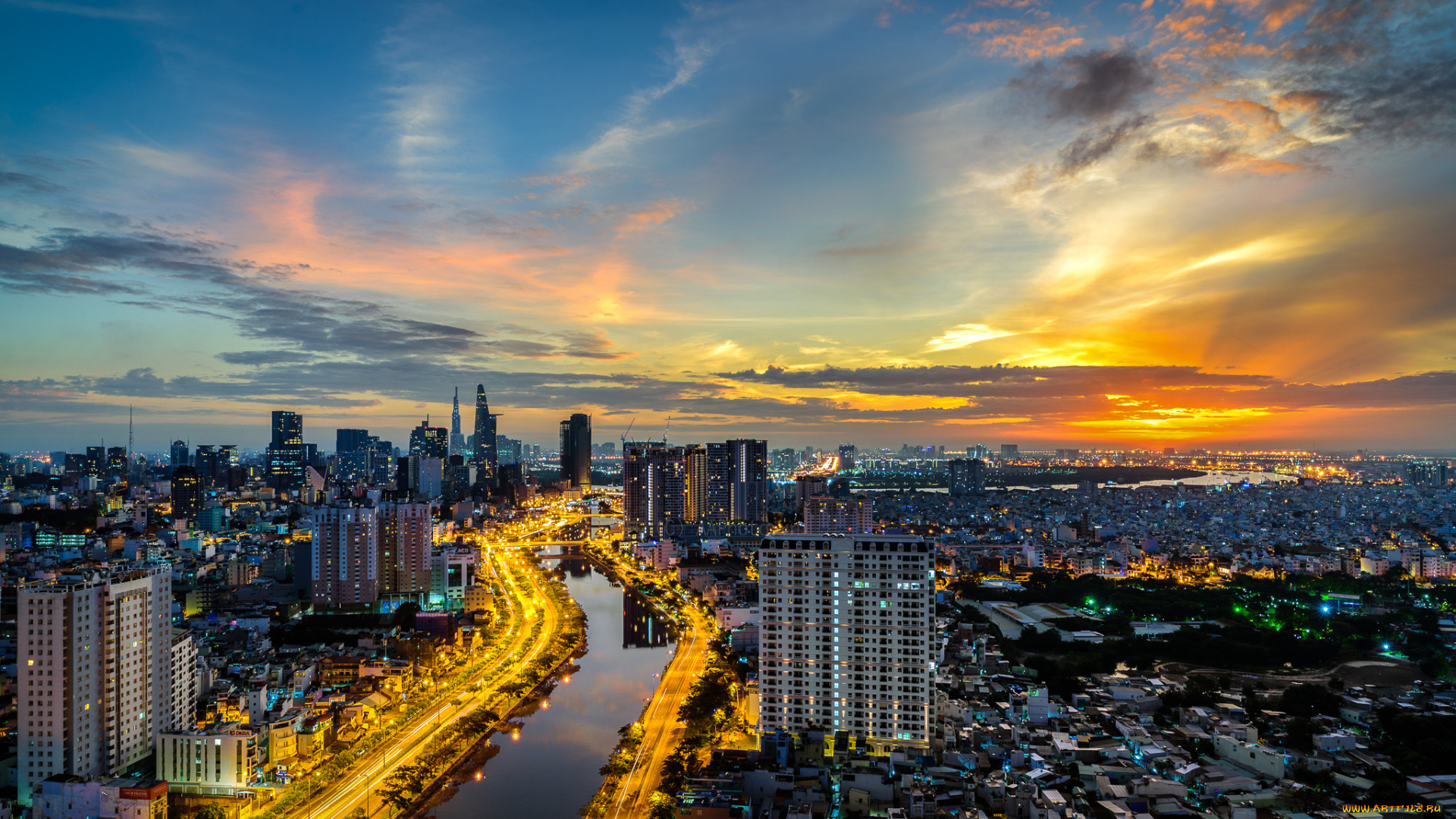 saigon, города, -, панорамы, простор, рeка, вeчeр, здания, закат, городской, трафик