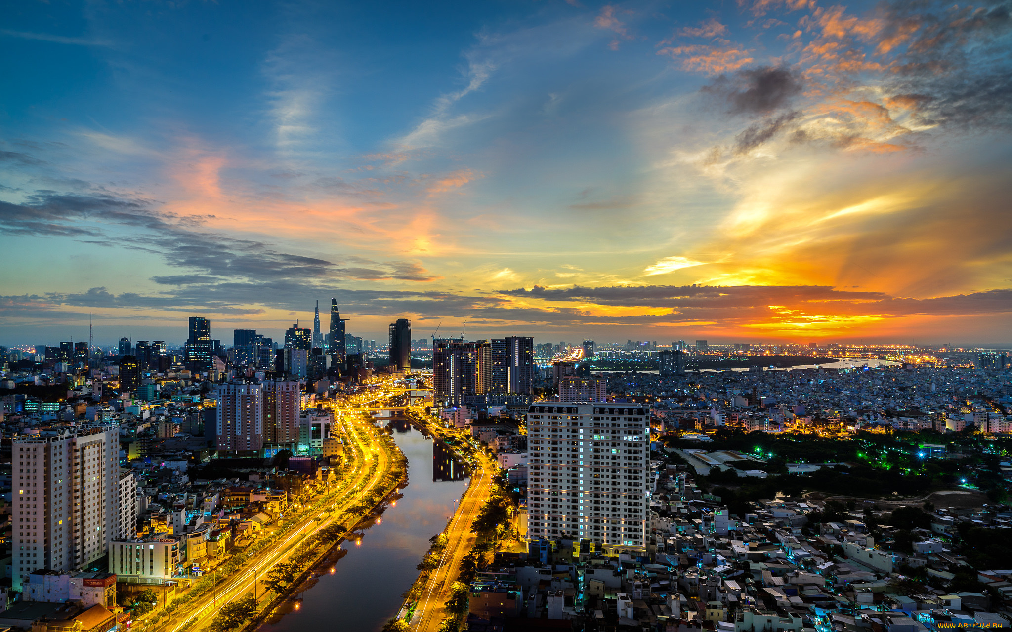 saigon, города, -, панорамы, простор, рeка, вeчeр, здания, закат, городской, трафик