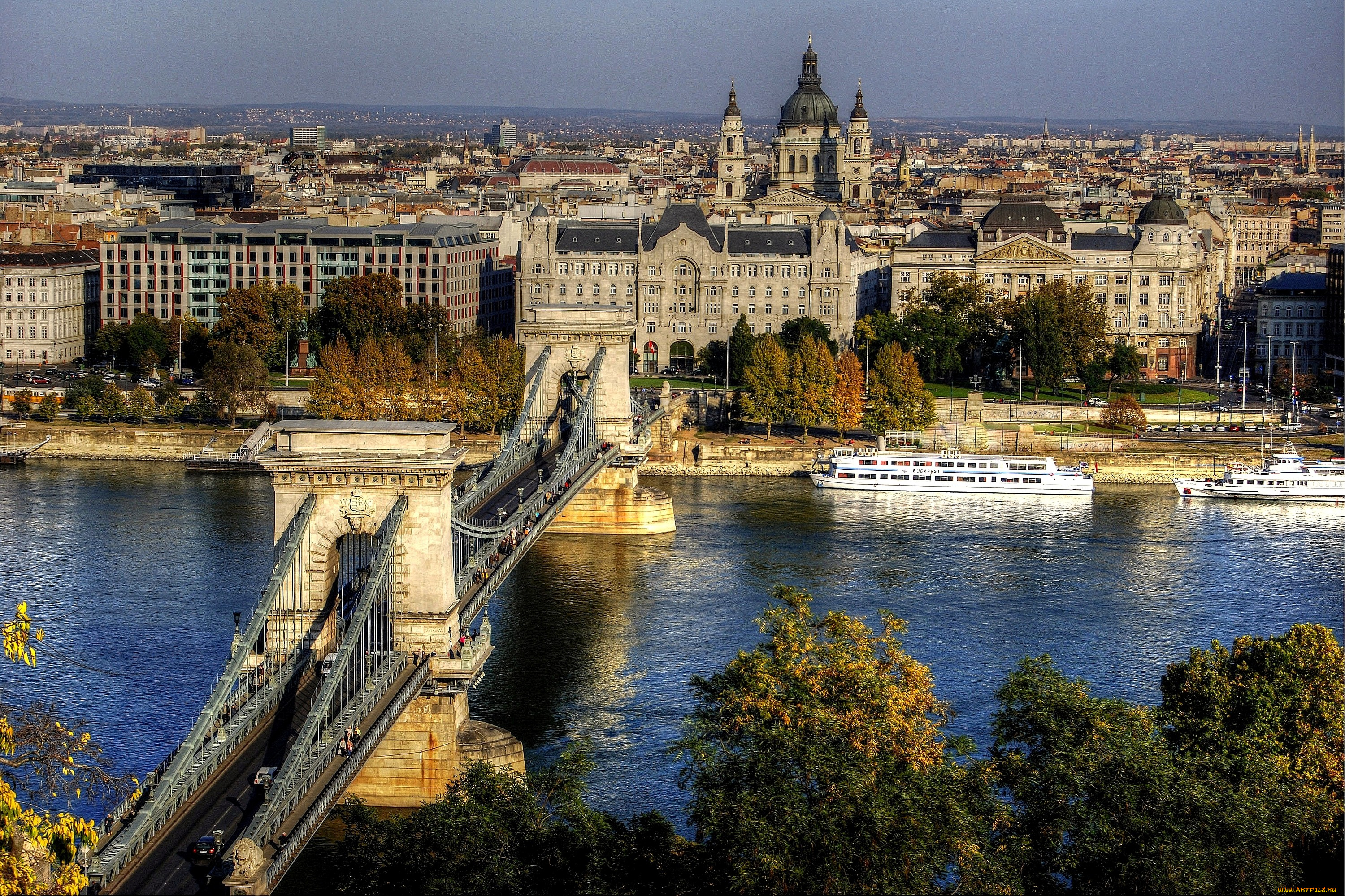будапешт, венгрия, города, мост, река, купол, корабли