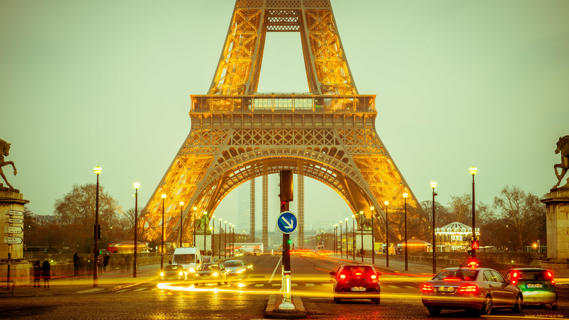города, париж, франция, eiffel, tower, эйфелева, башня, дорога, paris, france, фонари, дорожный, знак, авто, машины