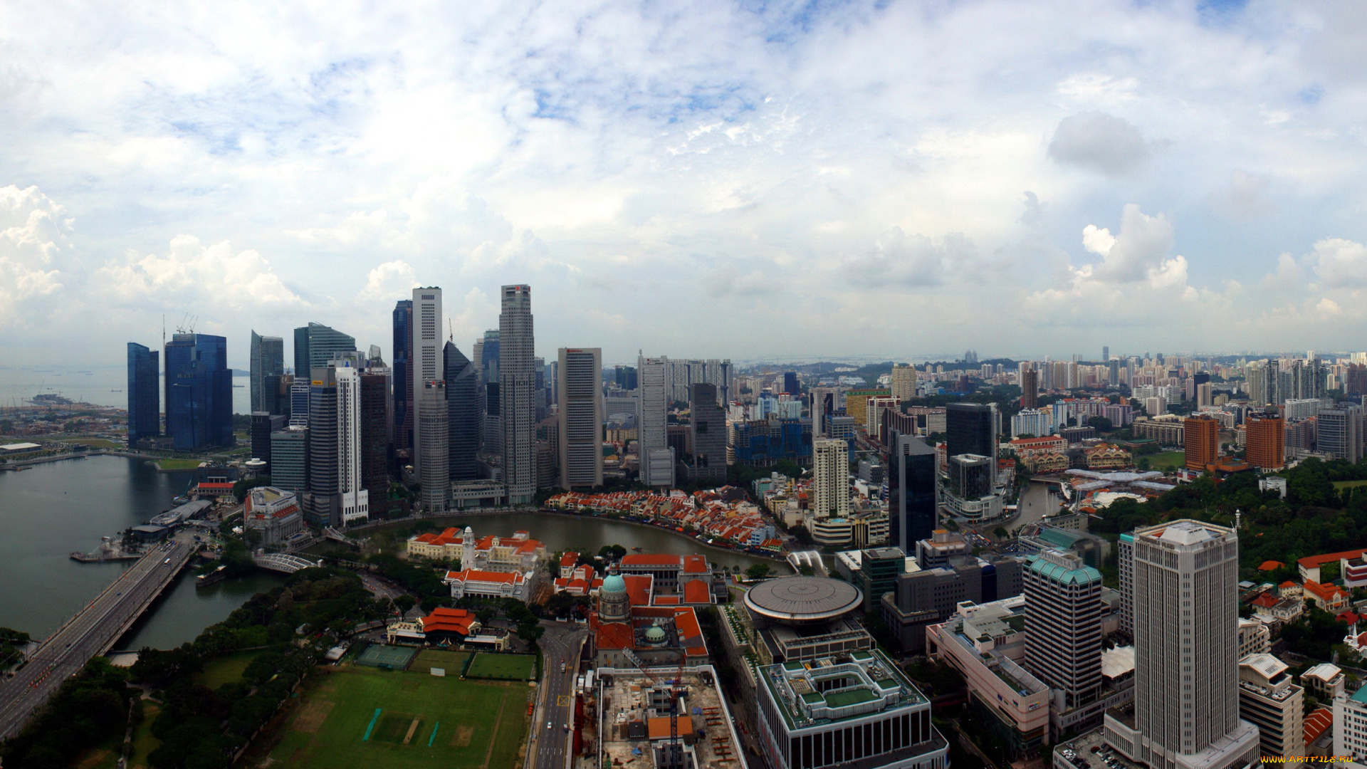 города, сингапур, здания, панорама, дороги, деревья