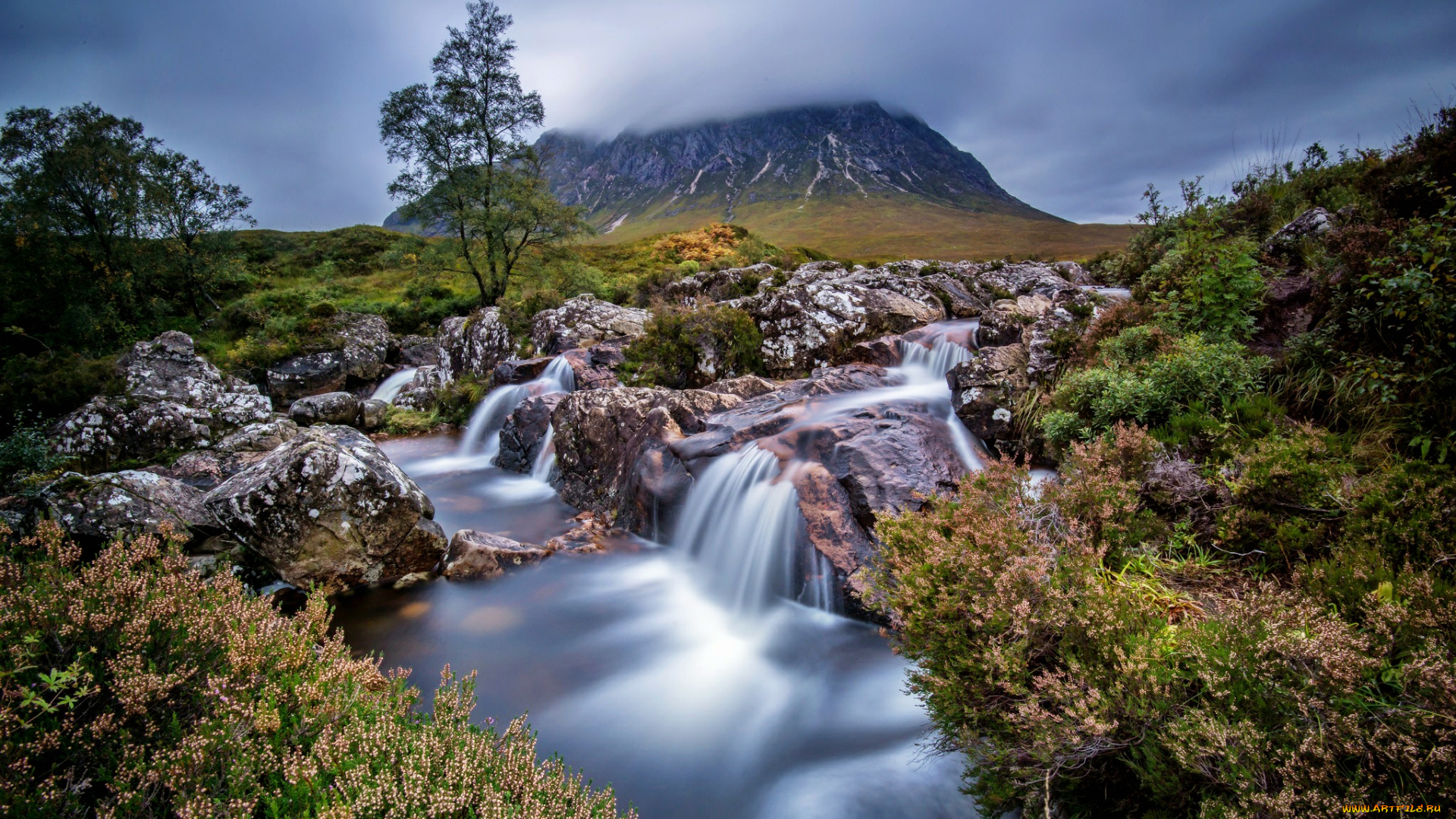 природа, реки, озера, ручей, гора, трава, камни, цветы, шотландия, scotland, glencoe, buachaille, etive, mor