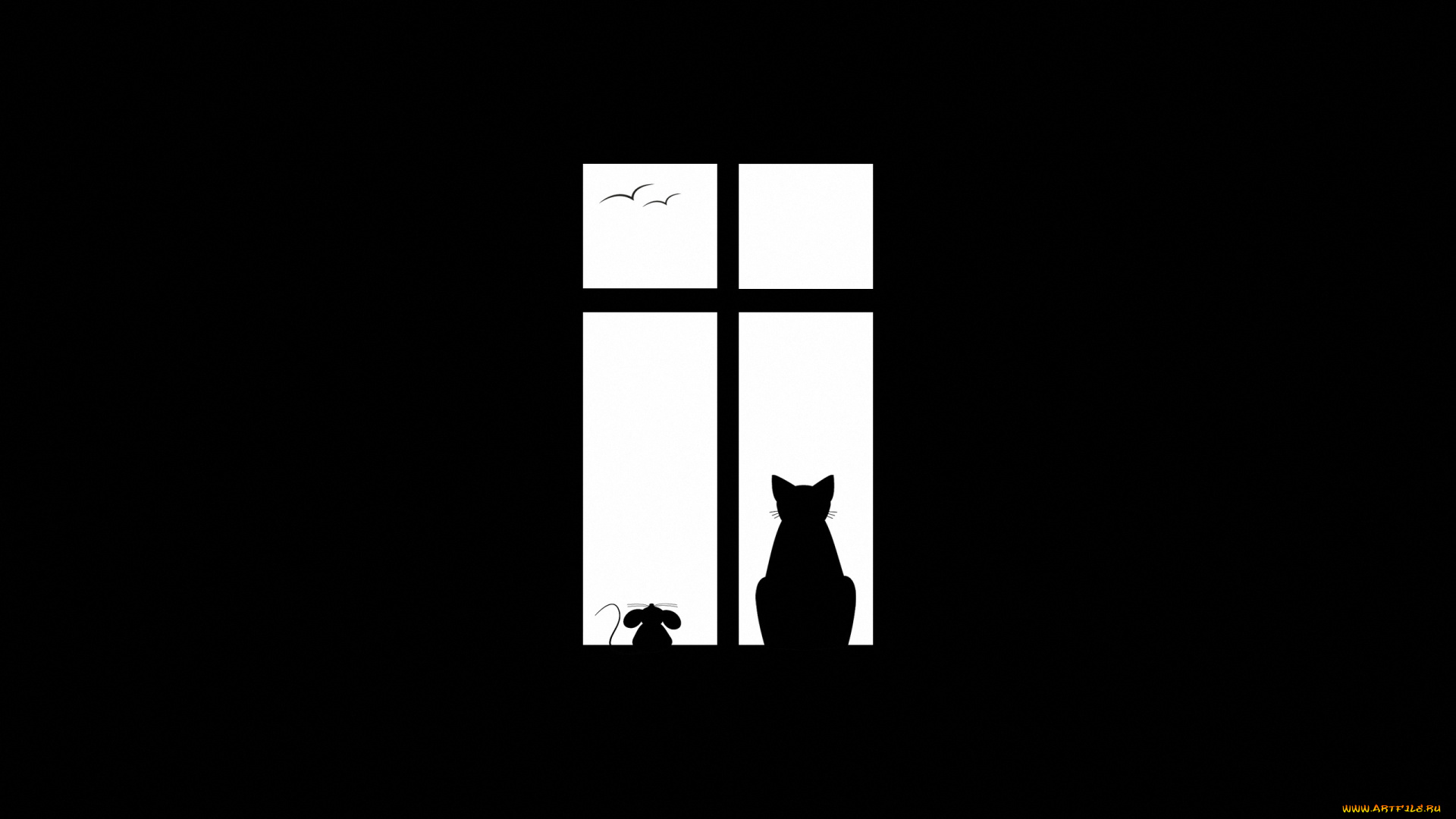рисованные, минимализм, птицы, мышь, кот, окно
