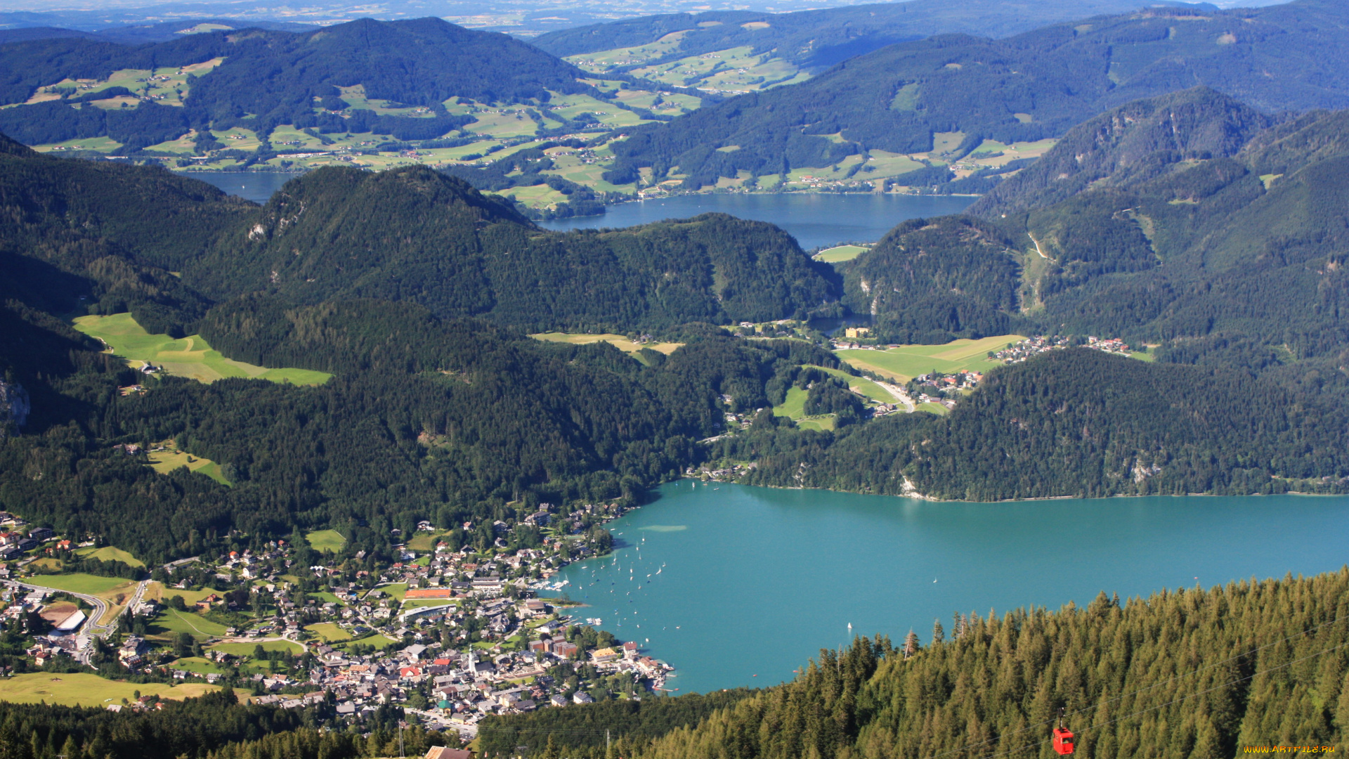 st, gilgen, austria, природа, реки, озера, панорама, лес, горы, дома