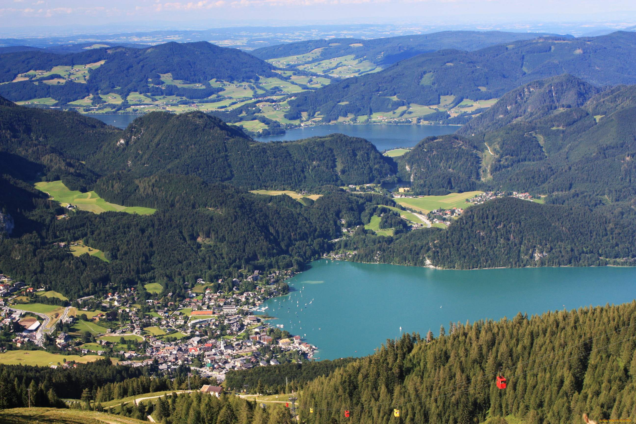 st, gilgen, austria, природа, реки, озера, панорама, лес, горы, дома