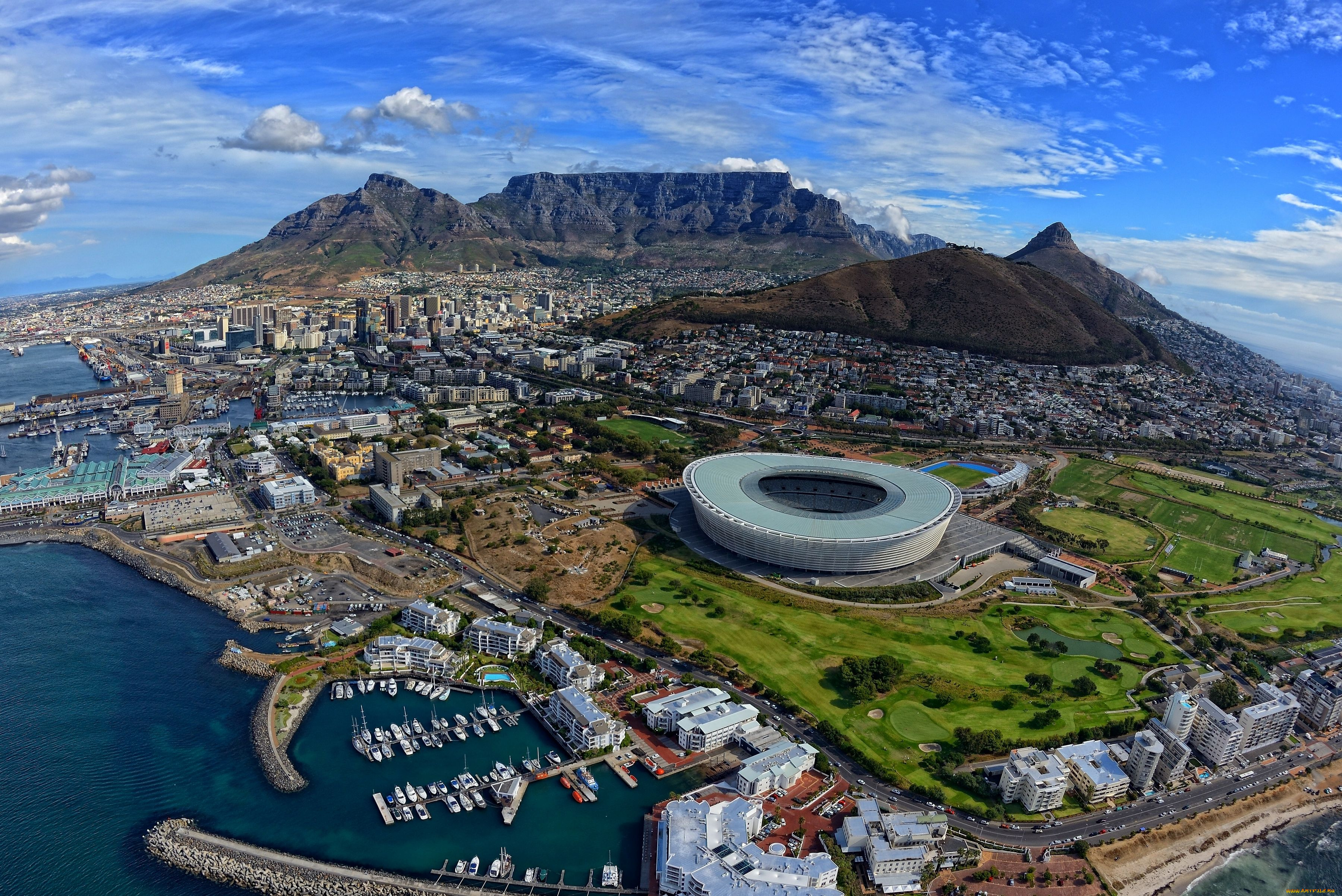 города, кейптаун, юар, панорама, стадион, побережье, south, africa, cape, town, горы, порт